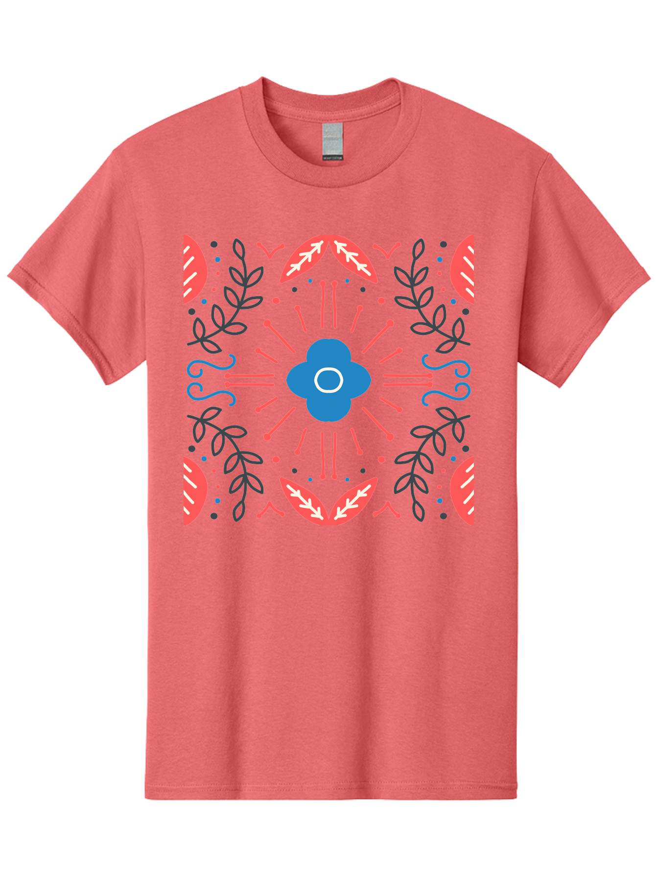 Flower-Pattern-1 Men'S Graphic Tee, 100% Cotton, Comfortable Casual Summer Wear, Machine Washable, Floral Pattern, Symmetrical Design, Vibrant Colors, Blue Flower, Red Leaves, Green Stems, Abstract Art, Geometric Shapes, Decorative Elements, Aab736