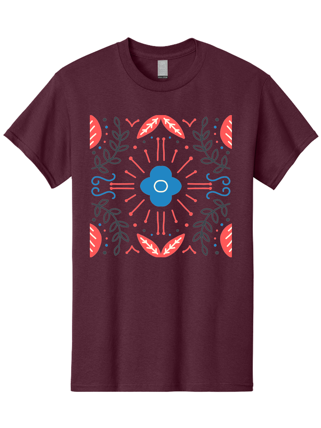 Flower-Pattern-1 Men'S Graphic Tee, 100% Cotton, Comfortable Casual Summer Wear, Machine Washable, Floral Pattern, Symmetrical Design, Vibrant Colors, Blue Flower, Red Leaves, Green Stems, Abstract Art, Geometric Shapes, Decorative Elements, Aab736
