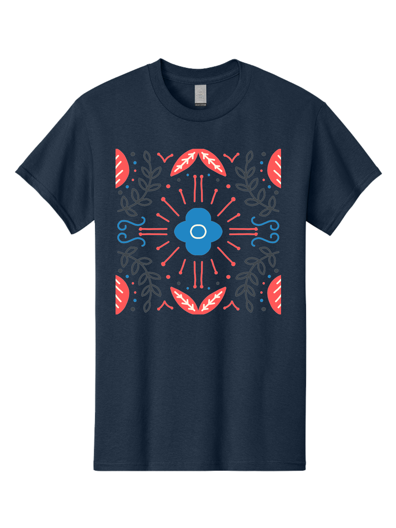 Flower-Pattern-1 Men'S Graphic Tee, 100% Cotton, Comfortable Casual Summer Wear, Machine Washable, Floral Pattern, Symmetrical Design, Vibrant Colors, Blue Flower, Red Leaves, Green Stems, Abstract Art, Geometric Shapes, Decorative Elements, Aab736