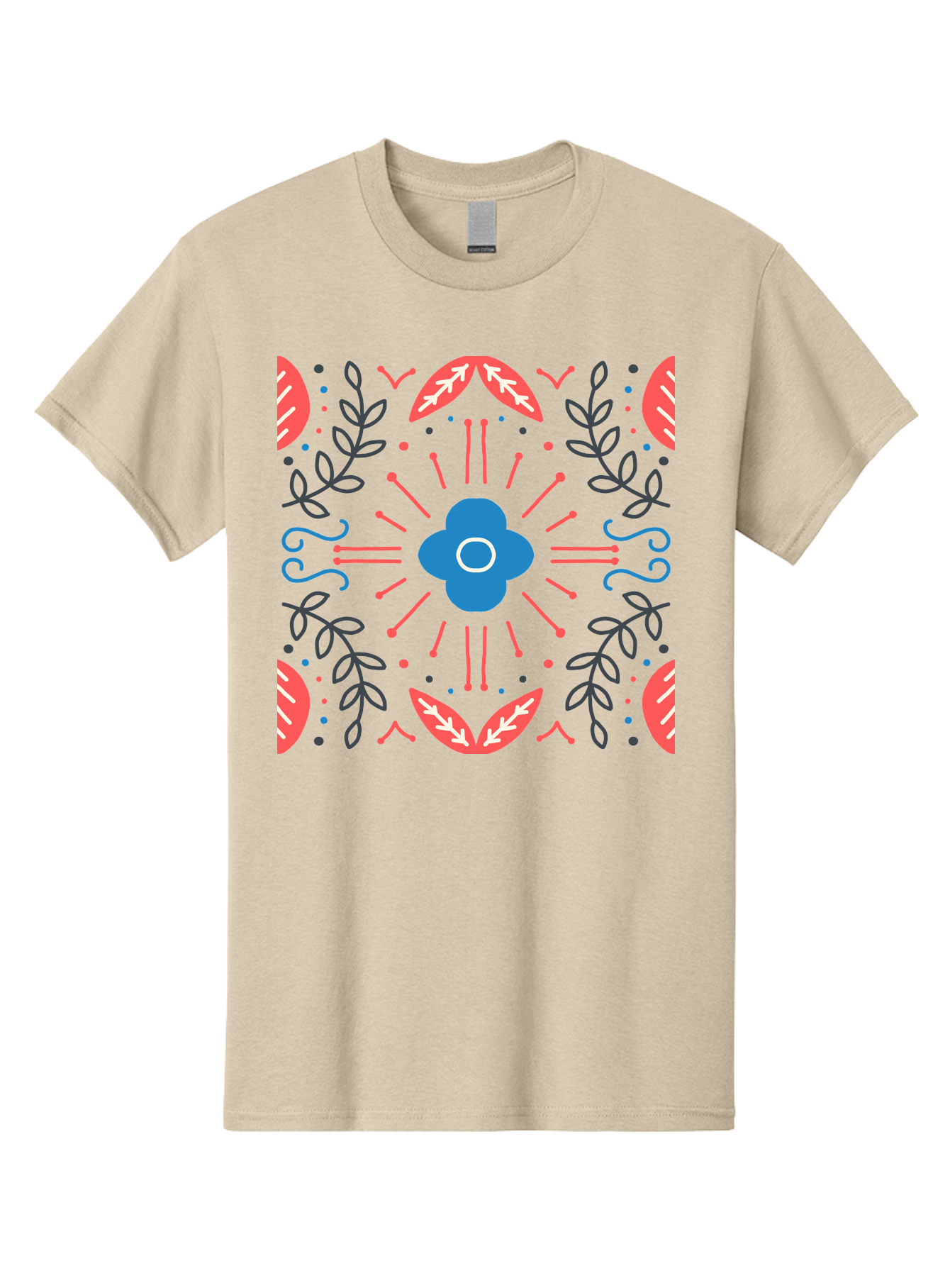 Flower-Pattern-1 Men'S Graphic Tee, 100% Cotton, Comfortable Casual Summer Wear, Machine Washable, Floral Pattern, Symmetrical Design, Vibrant Colors, Blue Flower, Red Leaves, Green Stems, Abstract Art, Geometric Shapes, Decorative Elements, Aab736