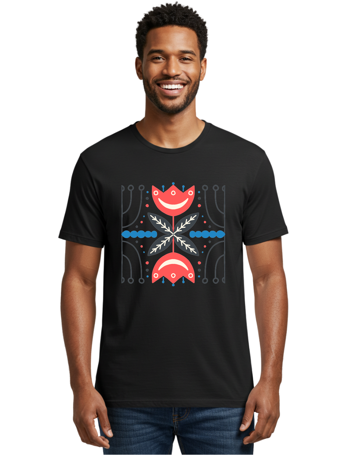 Flower-Pattern-2 Men'S Graphic Tee, 100% Cotton, Comfortable Casual Summer Wear, Machine Washable, Cartoon Flowers, Floral Pattern, Cute Design, Smiling Faces, Leafy Greens, Abstract Art, Playful Graphics, Colorful Illustration, Vibrant Decor, Aab737