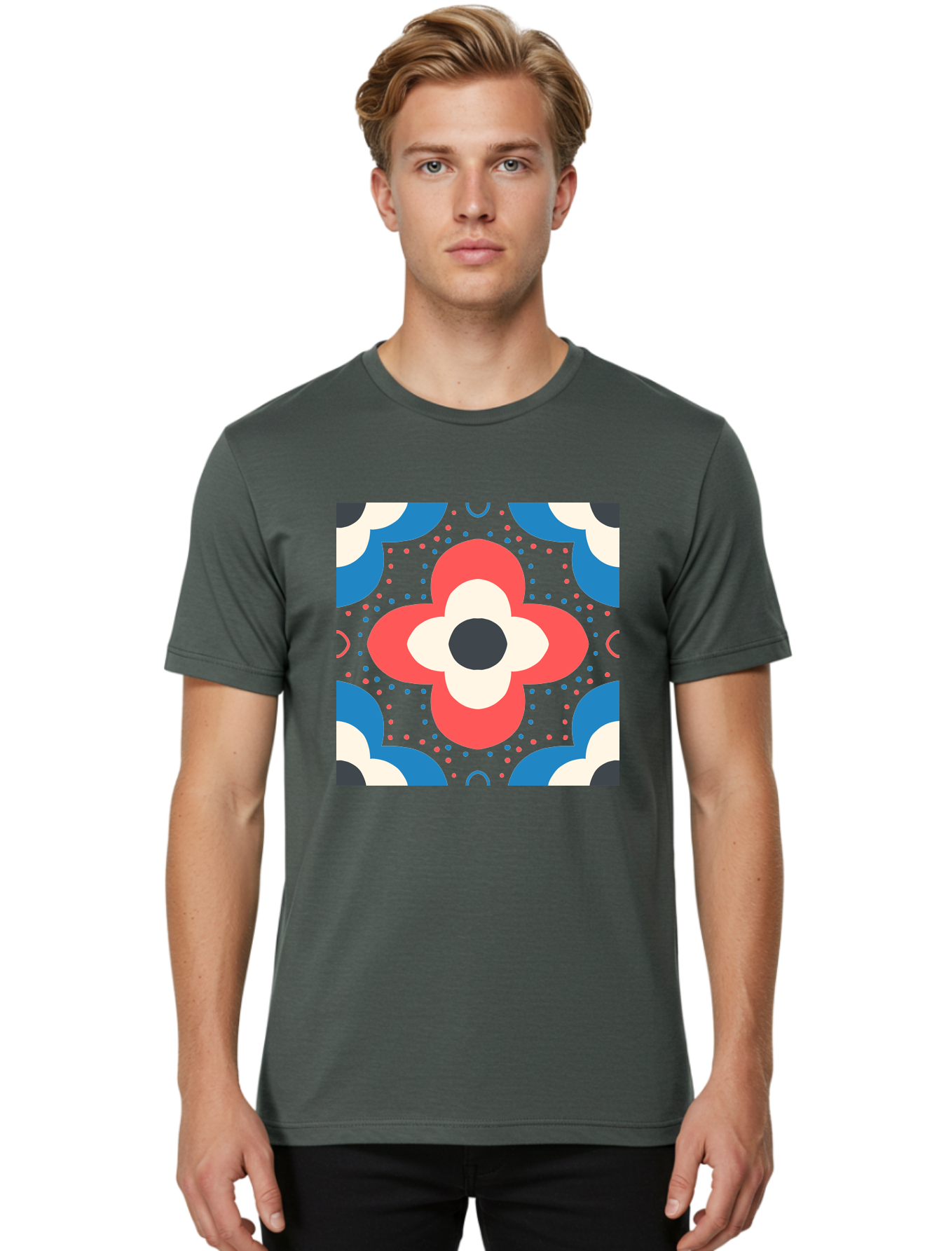 Flower-Pattern-3 Men'S Graphic Tee, 100% Cotton, Comfortable Casual Summer Wear, Machine Washable, Stylized Flower, Floral Pattern, Abstract Design, Geometric Shapes, Bold Colors, Vibrant Hues, Modern Art, Decorative Motif, Aab738
