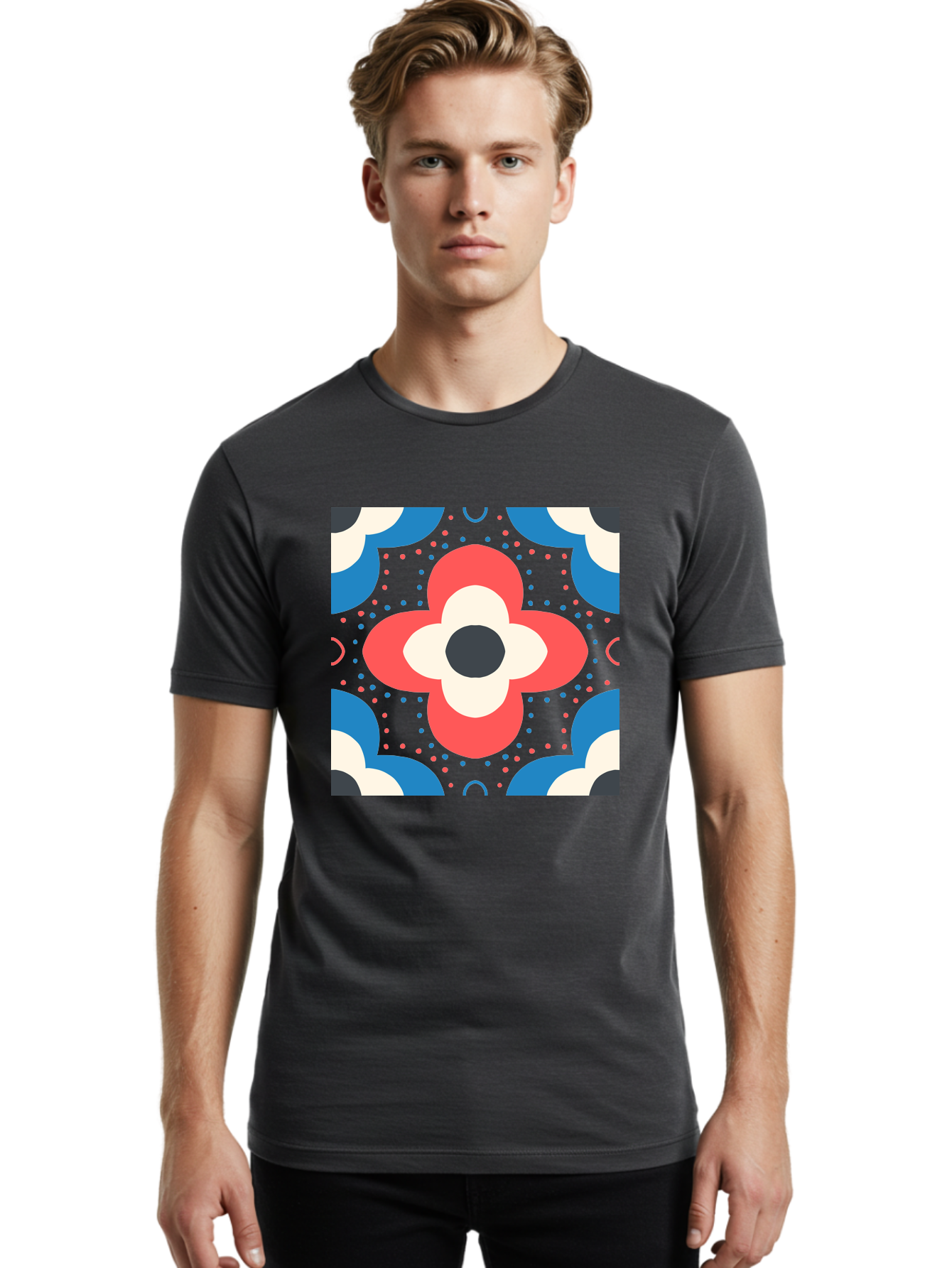 Flower-Pattern-3 Men'S Graphic Tee, 100% Cotton, Comfortable Casual Summer Wear, Machine Washable, Stylized Flower, Floral Pattern, Abstract Design, Geometric Shapes, Bold Colors, Vibrant Hues, Modern Art, Decorative Motif, Aab738
