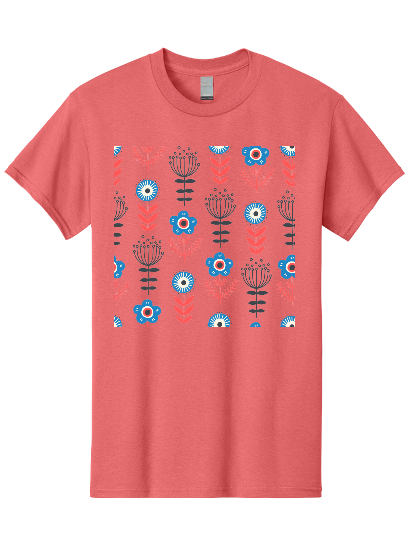 Flower-Pattern Men'S Graphic Tee, 100% Cotton, Comfortable Casual Summer Wear, Machine Washable, Blue Flowers, Pink Chevrons, Floral Design, Abstract Patterns, Decorative Elements, Vibrant Colors, Stylized Blooms Aab739