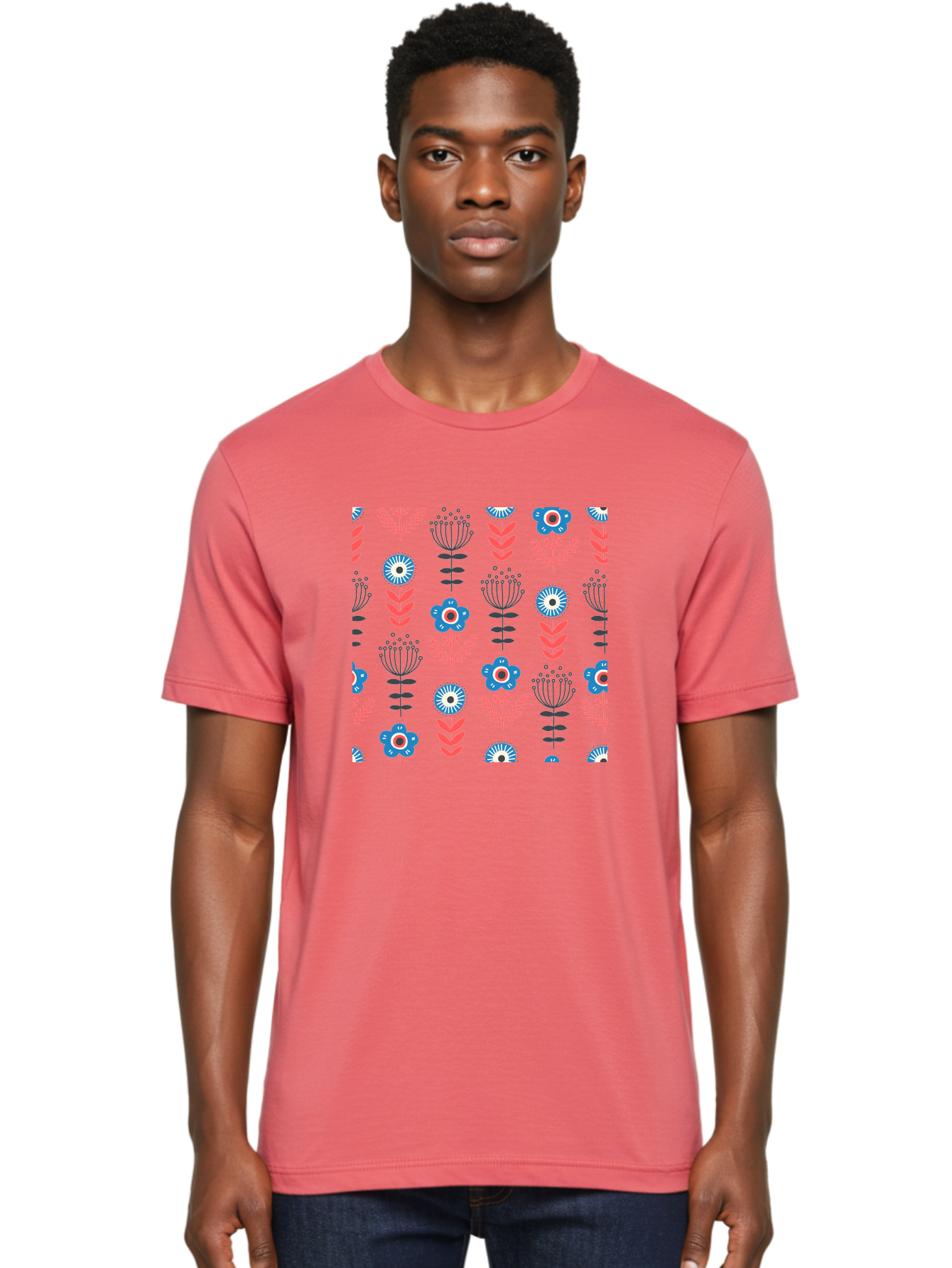 Flower-Pattern Men'S Graphic Tee, 100% Cotton, Comfortable Casual Summer Wear, Machine Washable, Blue Flowers, Pink Chevrons, Floral Design, Abstract Patterns, Decorative Elements, Vibrant Colors, Stylized Blooms Aab739
