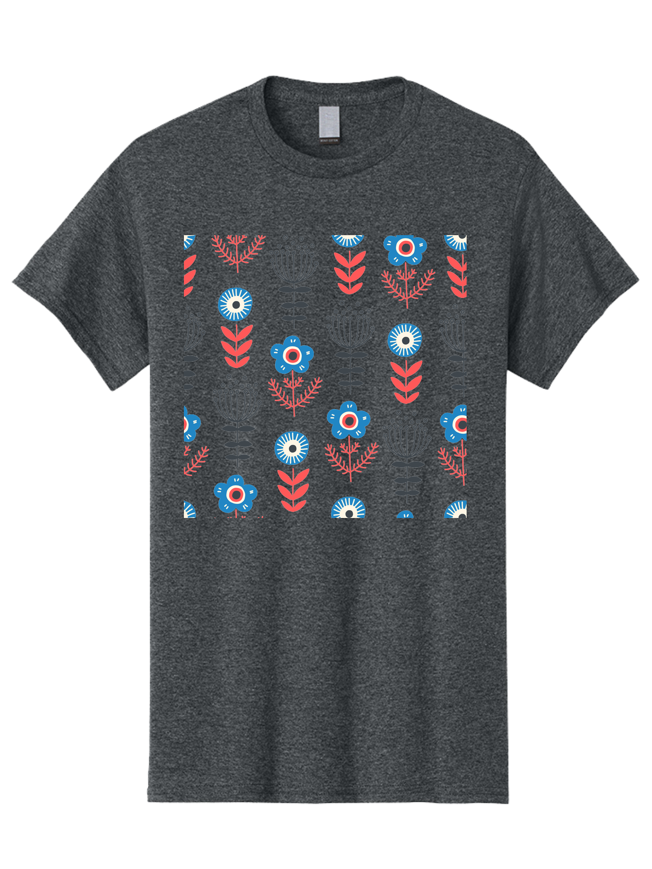 Flower-Pattern Men'S Graphic Tee, 100% Cotton, Comfortable Casual Summer Wear, Machine Washable, Blue Flowers, Pink Chevrons, Floral Design, Abstract Patterns, Decorative Elements, Vibrant Colors, Stylized Blooms Aab739