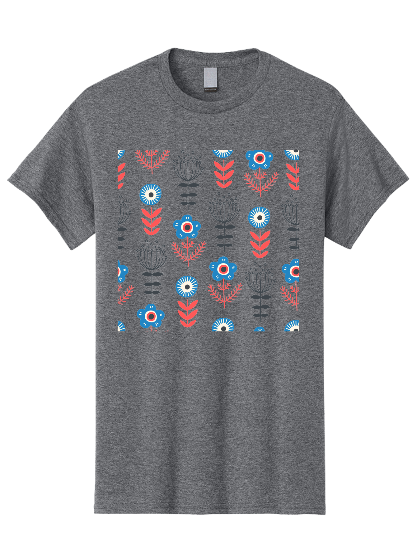 Flower-Pattern Men'S Graphic Tee, 100% Cotton, Comfortable Casual Summer Wear, Machine Washable, Blue Flowers, Pink Chevrons, Floral Design, Abstract Patterns, Decorative Elements, Vibrant Colors, Stylized Blooms Aab739