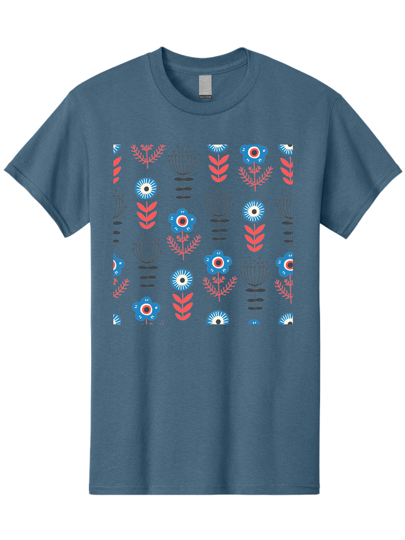 Flower-Pattern Men'S Graphic Tee, 100% Cotton, Comfortable Casual Summer Wear, Machine Washable, Blue Flowers, Pink Chevrons, Floral Design, Abstract Patterns, Decorative Elements, Vibrant Colors, Stylized Blooms Aab739