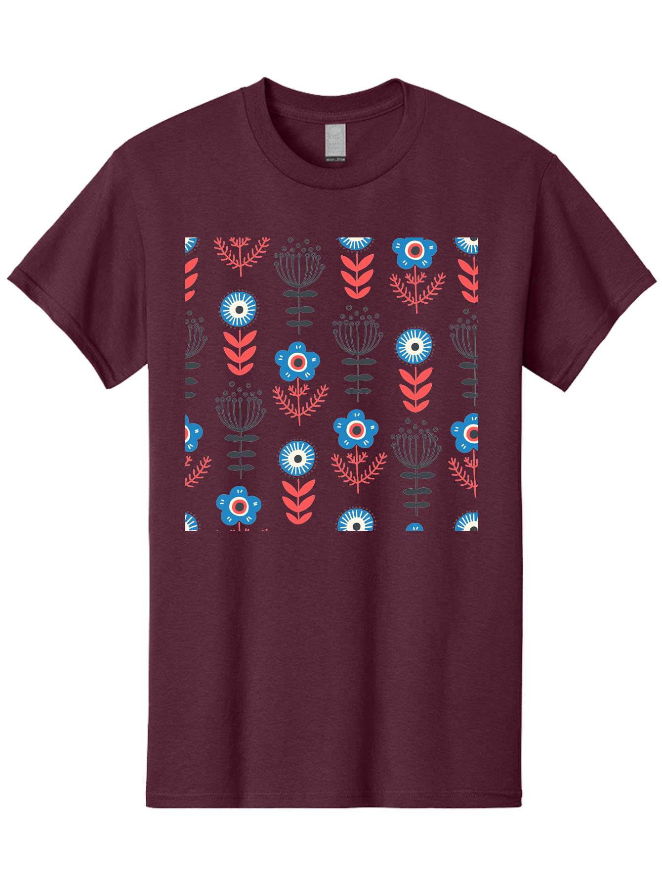 Flower-Pattern Men'S Graphic Tee, 100% Cotton, Comfortable Casual Summer Wear, Machine Washable, Blue Flowers, Pink Chevrons, Floral Design, Abstract Patterns, Decorative Elements, Vibrant Colors, Stylized Blooms Aab739