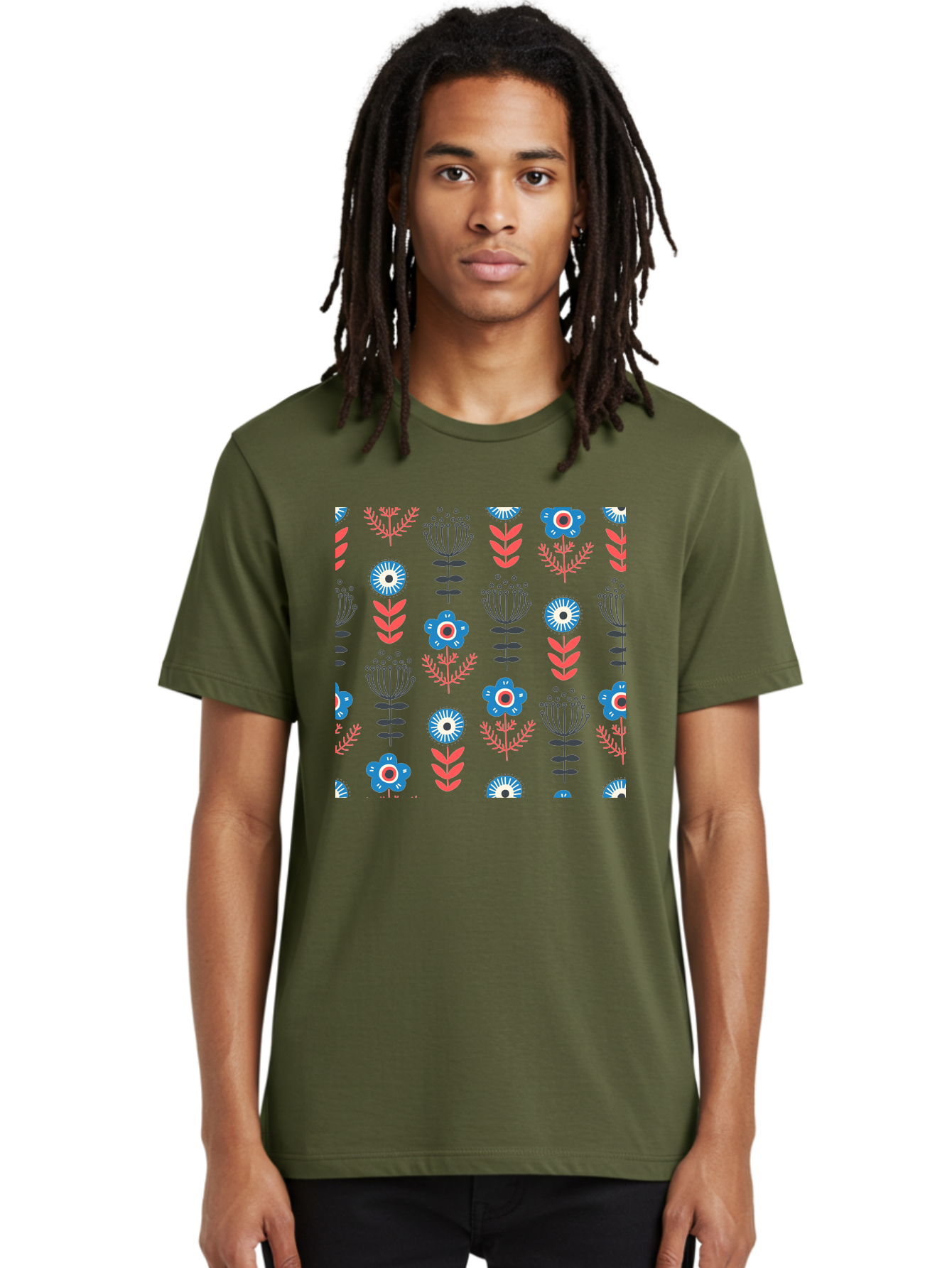 Flower-Pattern Men'S Graphic Tee, 100% Cotton, Comfortable Casual Summer Wear, Machine Washable, Blue Flowers, Pink Chevrons, Floral Design, Abstract Patterns, Decorative Elements, Vibrant Colors, Stylized Blooms Aab739