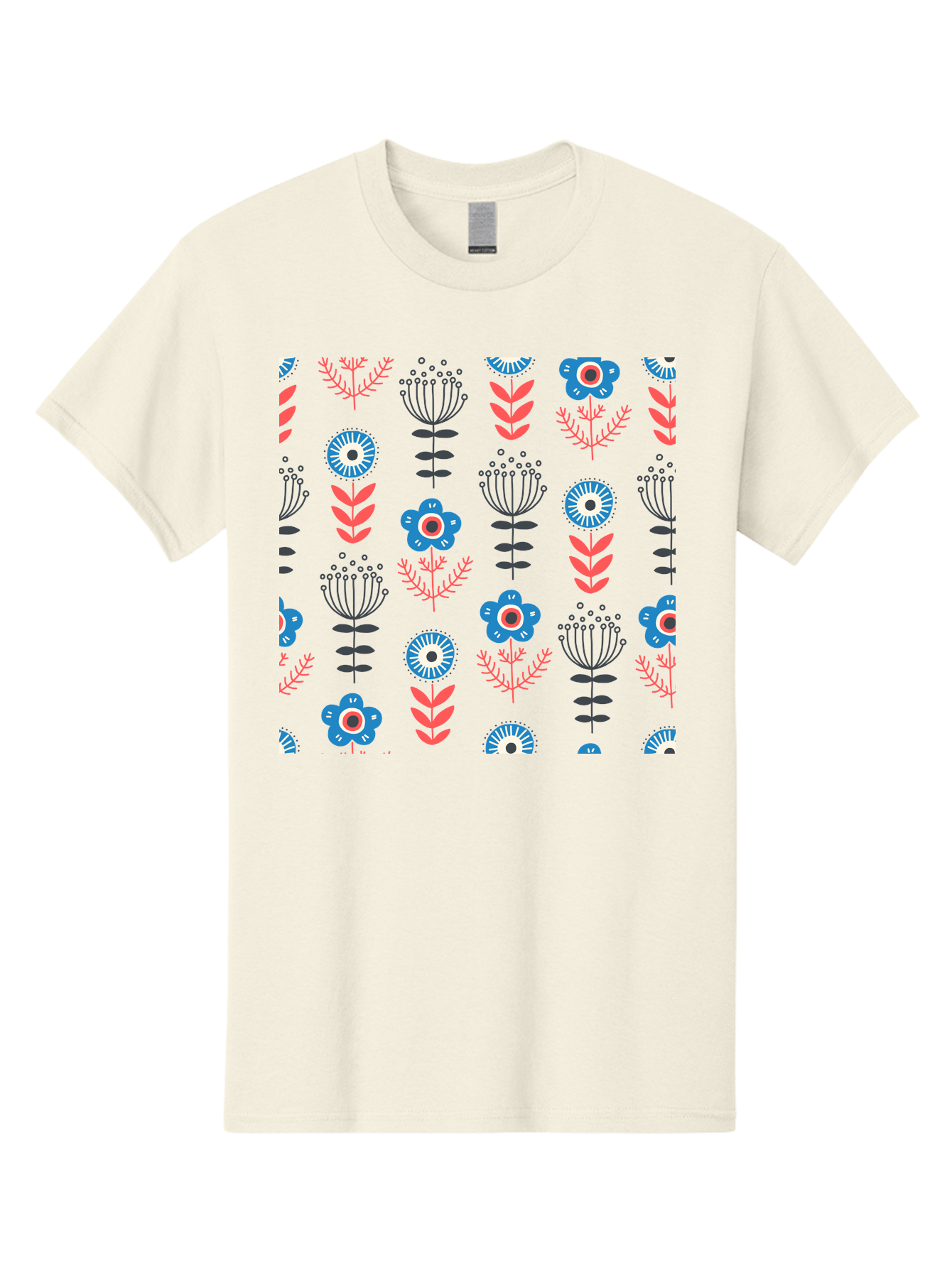 Flower-Pattern Men'S Graphic Tee, 100% Cotton, Comfortable Casual Summer Wear, Machine Washable, Blue Flowers, Pink Chevrons, Floral Design, Abstract Patterns, Decorative Elements, Vibrant Colors, Stylized Blooms Aab739