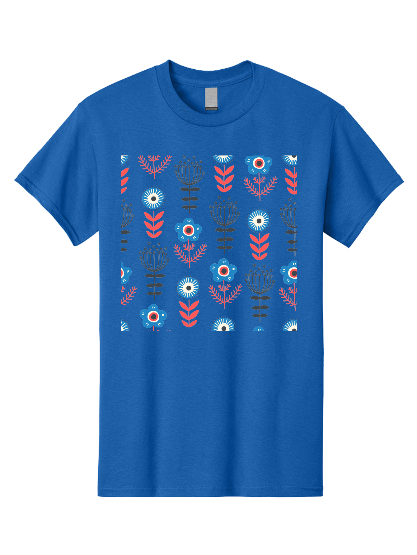 Flower-Pattern Men'S Graphic Tee, 100% Cotton, Comfortable Casual Summer Wear, Machine Washable, Blue Flowers, Pink Chevrons, Floral Design, Abstract Patterns, Decorative Elements, Vibrant Colors, Stylized Blooms Aab739