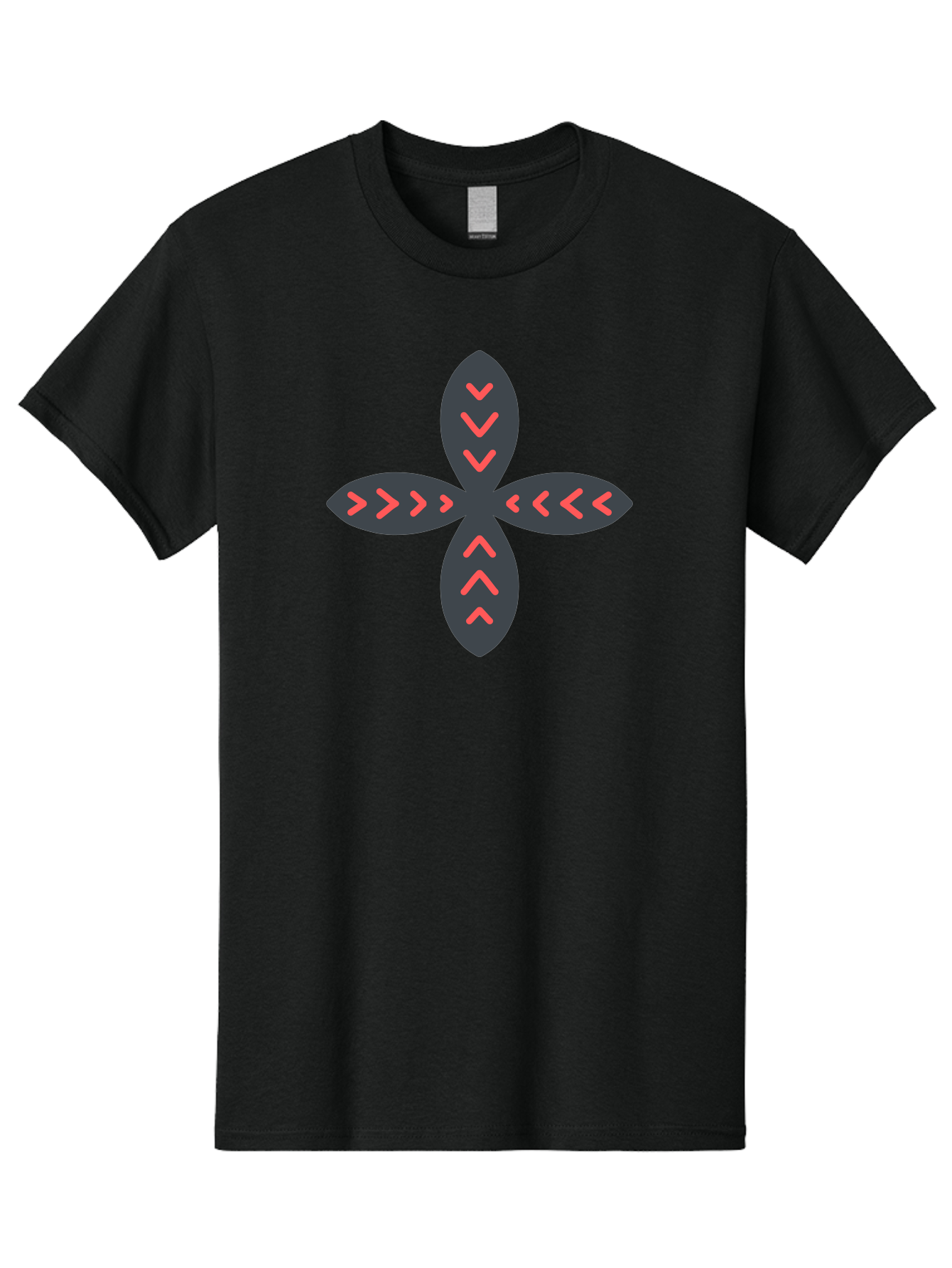 Flower-With-Chevron-Patterns Men'S Graphic Tee, 100% Cotton, Comfortable Casual Summer Wear, Machine Washable, Four Leaf Clover, Red Arrow Motifs, Dark Gray Leaves, Red Chevrons, Symmetrical Design, Abstract Logo, Modern Graphic Design Aab740