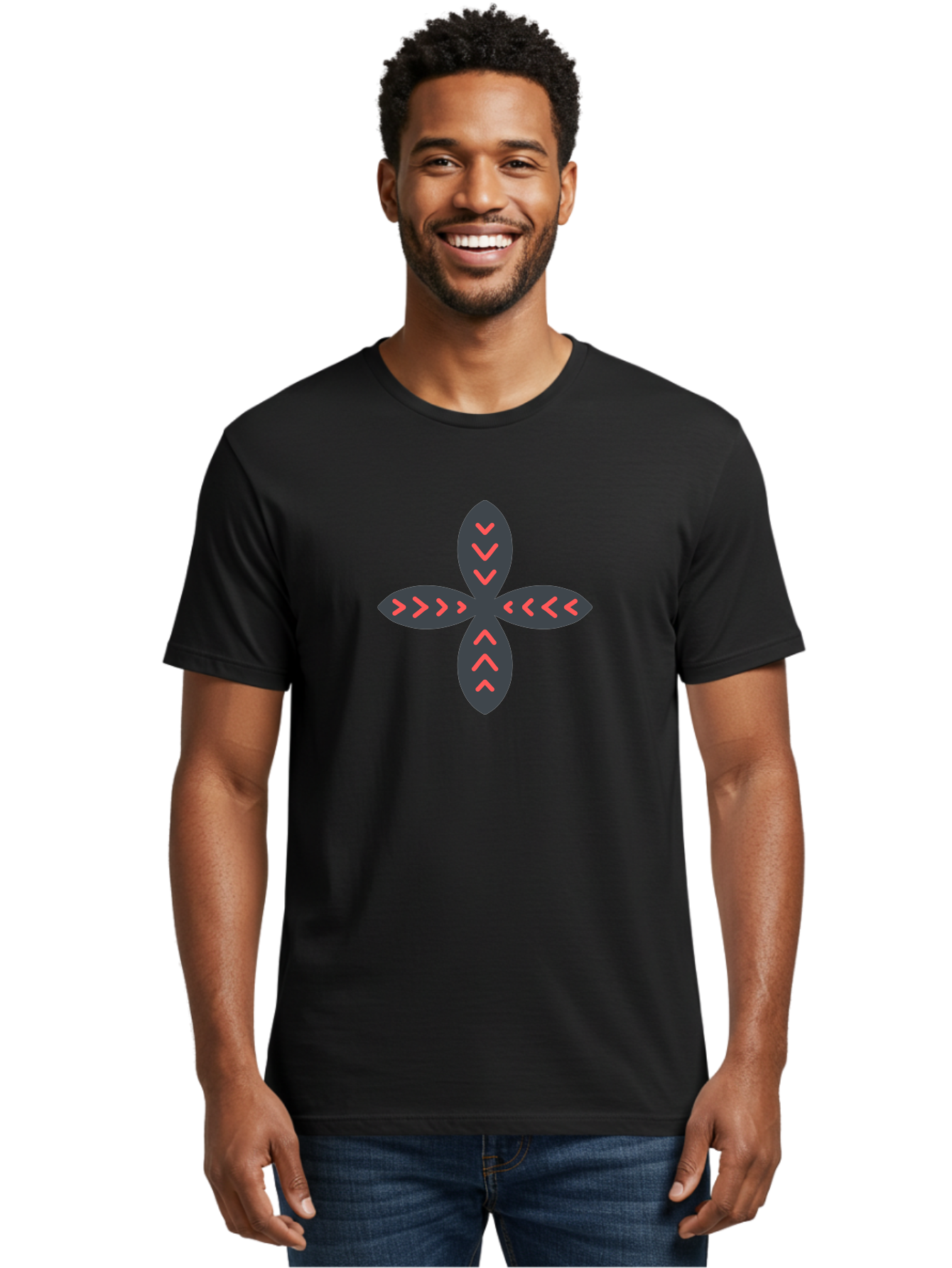 Flower-With-Chevron-Patterns Men'S Graphic Tee, 100% Cotton, Comfortable Casual Summer Wear, Machine Washable, Four Leaf Clover, Red Arrow Motifs, Dark Gray Leaves, Red Chevrons, Symmetrical Design, Abstract Logo, Modern Graphic Design Aab740