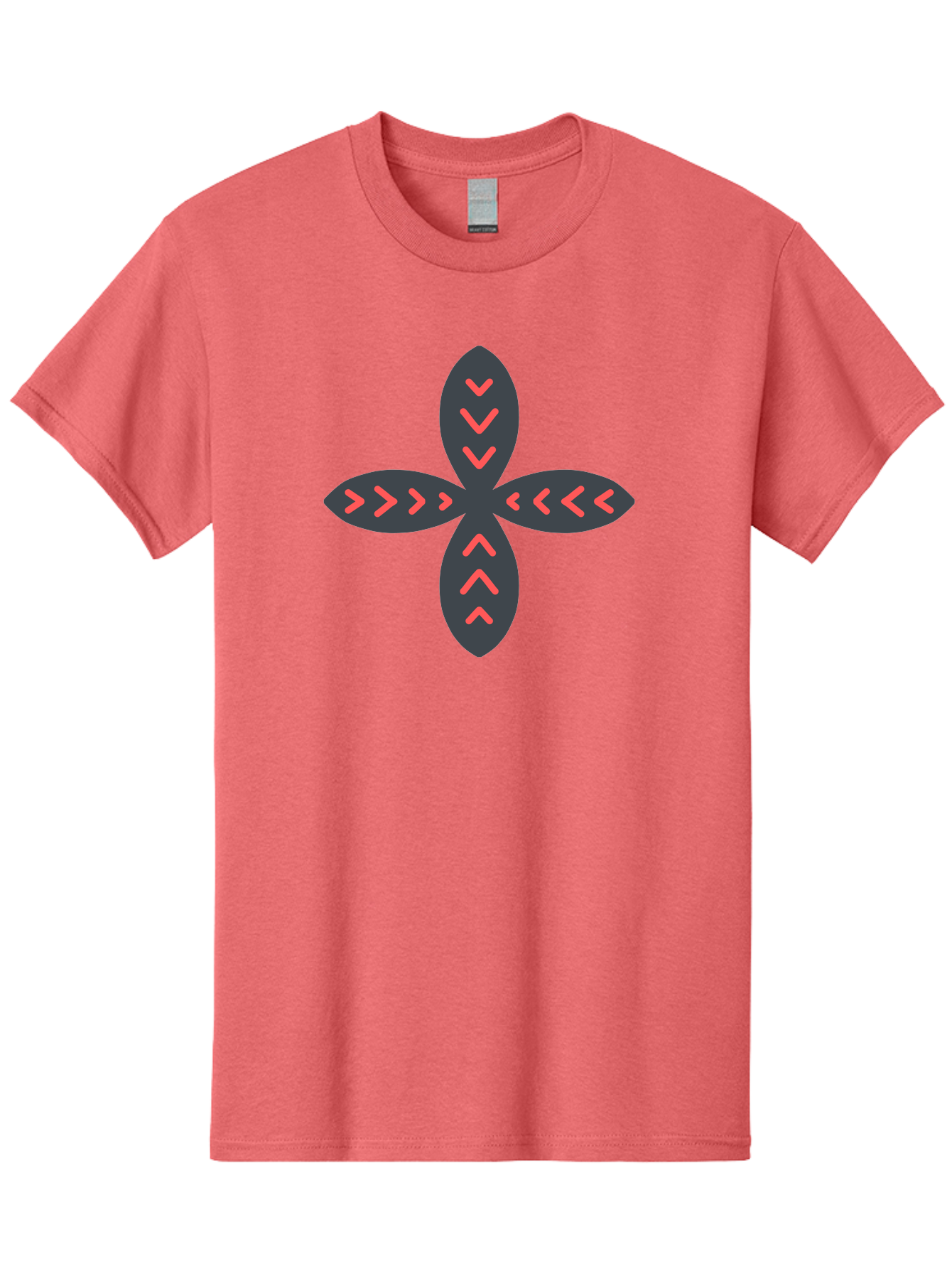 Flower-With-Chevron-Patterns Men'S Graphic Tee, 100% Cotton, Comfortable Casual Summer Wear, Machine Washable, Four Leaf Clover, Red Arrow Motifs, Dark Gray Leaves, Red Chevrons, Symmetrical Design, Abstract Logo, Modern Graphic Design Aab740