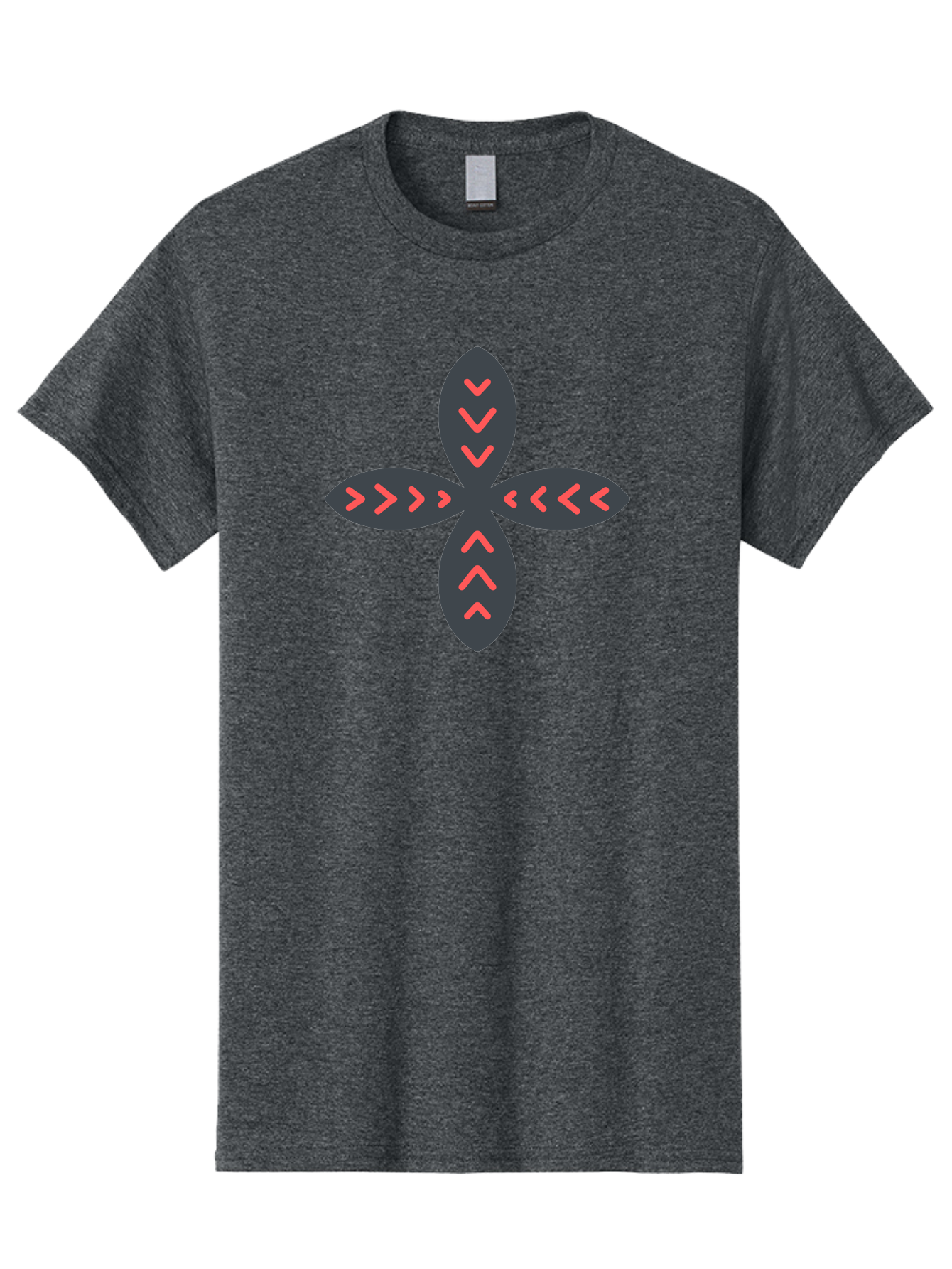 Flower-With-Chevron-Patterns Men'S Graphic Tee, 100% Cotton, Comfortable Casual Summer Wear, Machine Washable, Four Leaf Clover, Red Arrow Motifs, Dark Gray Leaves, Red Chevrons, Symmetrical Design, Abstract Logo, Modern Graphic Design Aab740