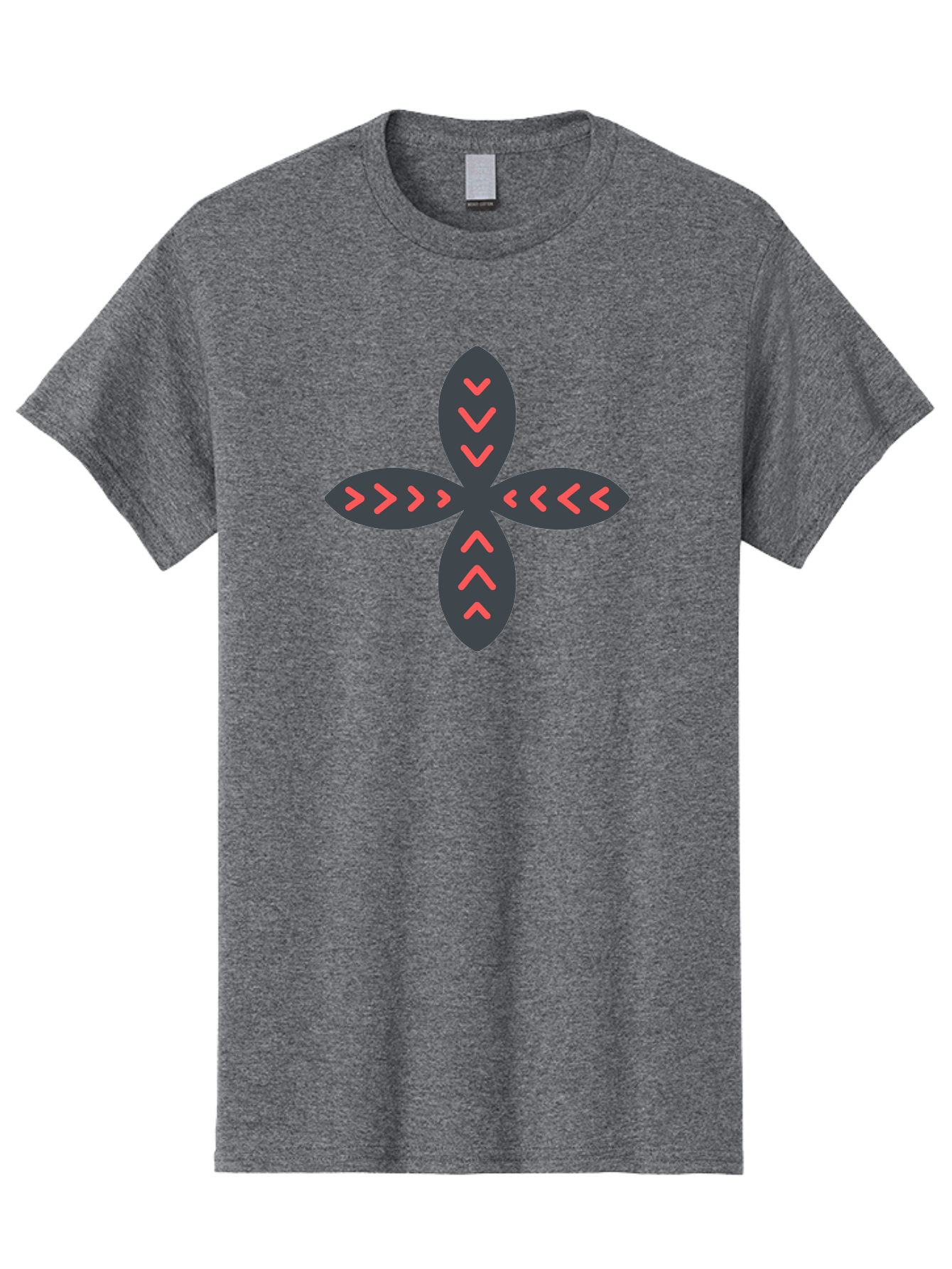 Flower-With-Chevron-Patterns Men'S Graphic Tee, 100% Cotton, Comfortable Casual Summer Wear, Machine Washable, Four Leaf Clover, Red Arrow Motifs, Dark Gray Leaves, Red Chevrons, Symmetrical Design, Abstract Logo, Modern Graphic Design Aab740
