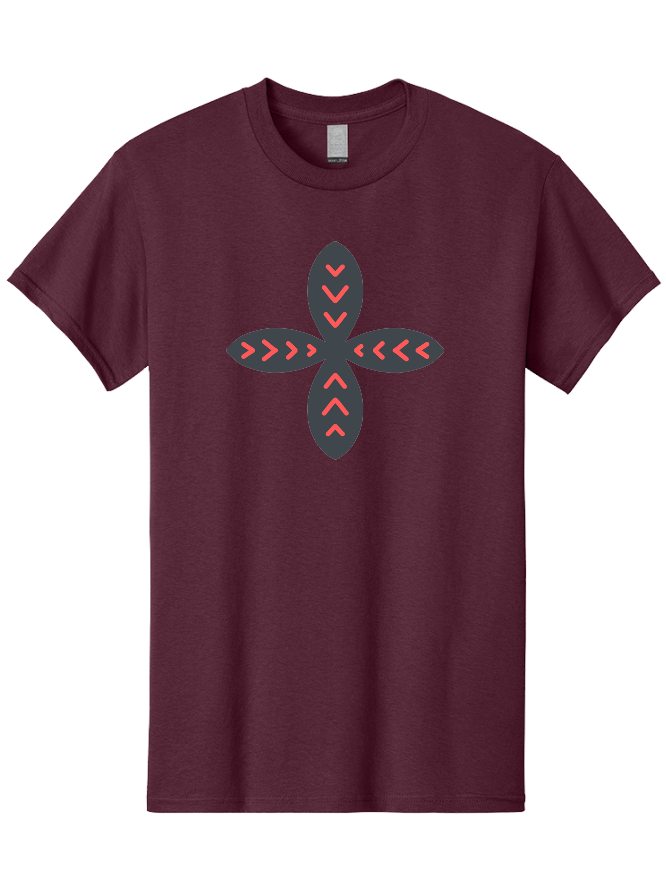 Flower-With-Chevron-Patterns Men'S Graphic Tee, 100% Cotton, Comfortable Casual Summer Wear, Machine Washable, Four Leaf Clover, Red Arrow Motifs, Dark Gray Leaves, Red Chevrons, Symmetrical Design, Abstract Logo, Modern Graphic Design Aab740