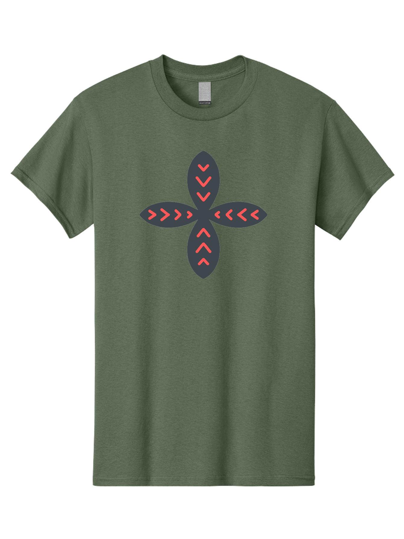 Flower-With-Chevron-Patterns Men'S Graphic Tee, 100% Cotton, Comfortable Casual Summer Wear, Machine Washable, Four Leaf Clover, Red Arrow Motifs, Dark Gray Leaves, Red Chevrons, Symmetrical Design, Abstract Logo, Modern Graphic Design Aab740
