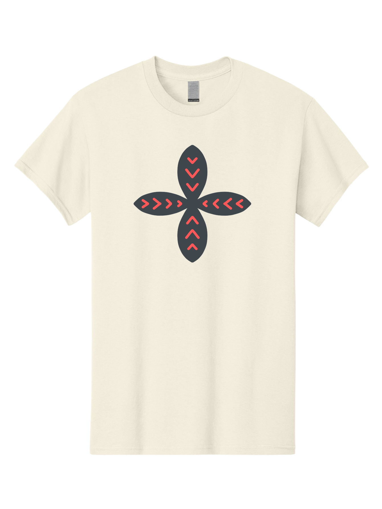 Flower-With-Chevron-Patterns Men'S Graphic Tee, 100% Cotton, Comfortable Casual Summer Wear, Machine Washable, Four Leaf Clover, Red Arrow Motifs, Dark Gray Leaves, Red Chevrons, Symmetrical Design, Abstract Logo, Modern Graphic Design Aab740