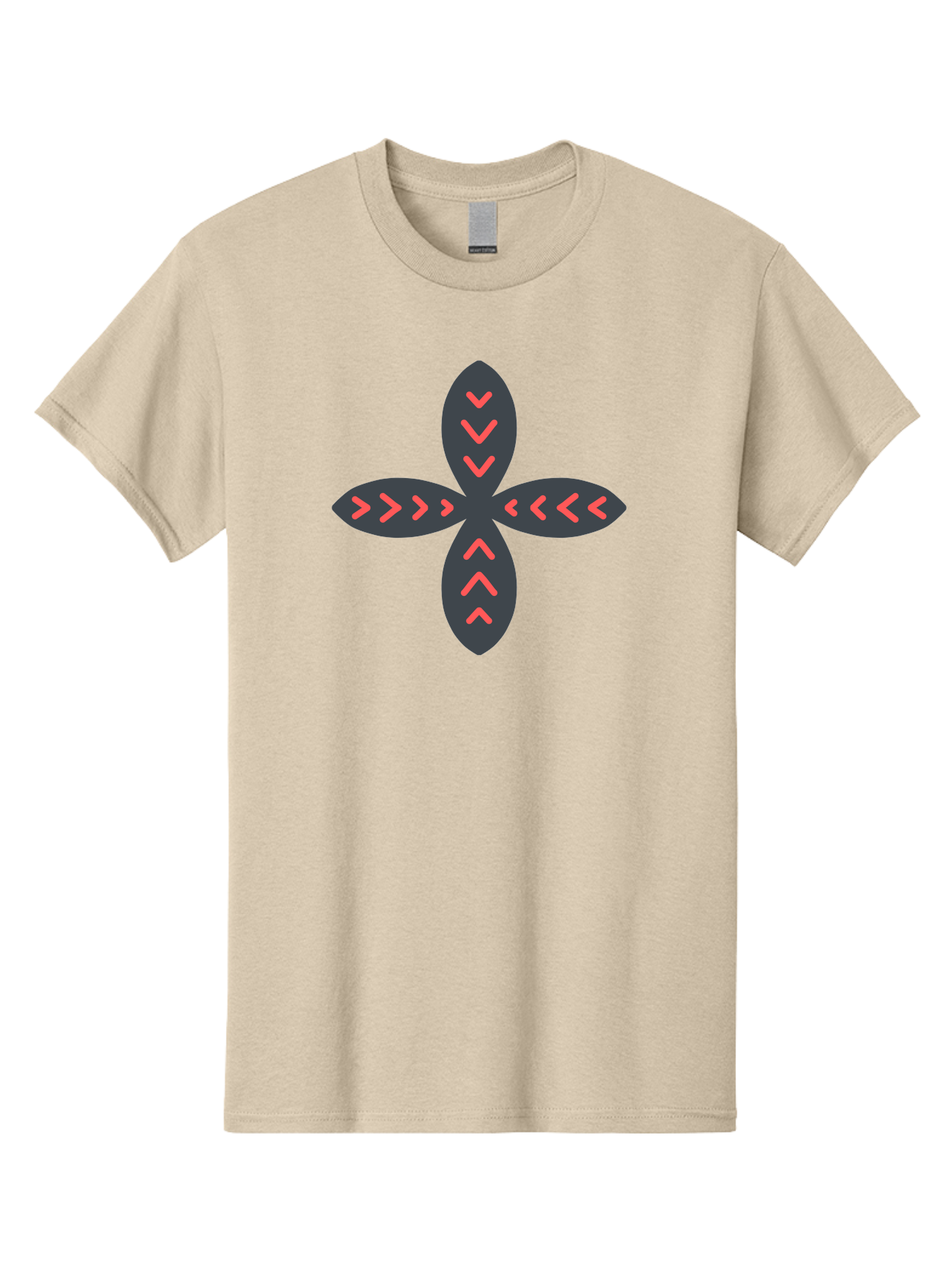 Flower-With-Chevron-Patterns Men'S Graphic Tee, 100% Cotton, Comfortable Casual Summer Wear, Machine Washable, Four Leaf Clover, Red Arrow Motifs, Dark Gray Leaves, Red Chevrons, Symmetrical Design, Abstract Logo, Modern Graphic Design Aab740