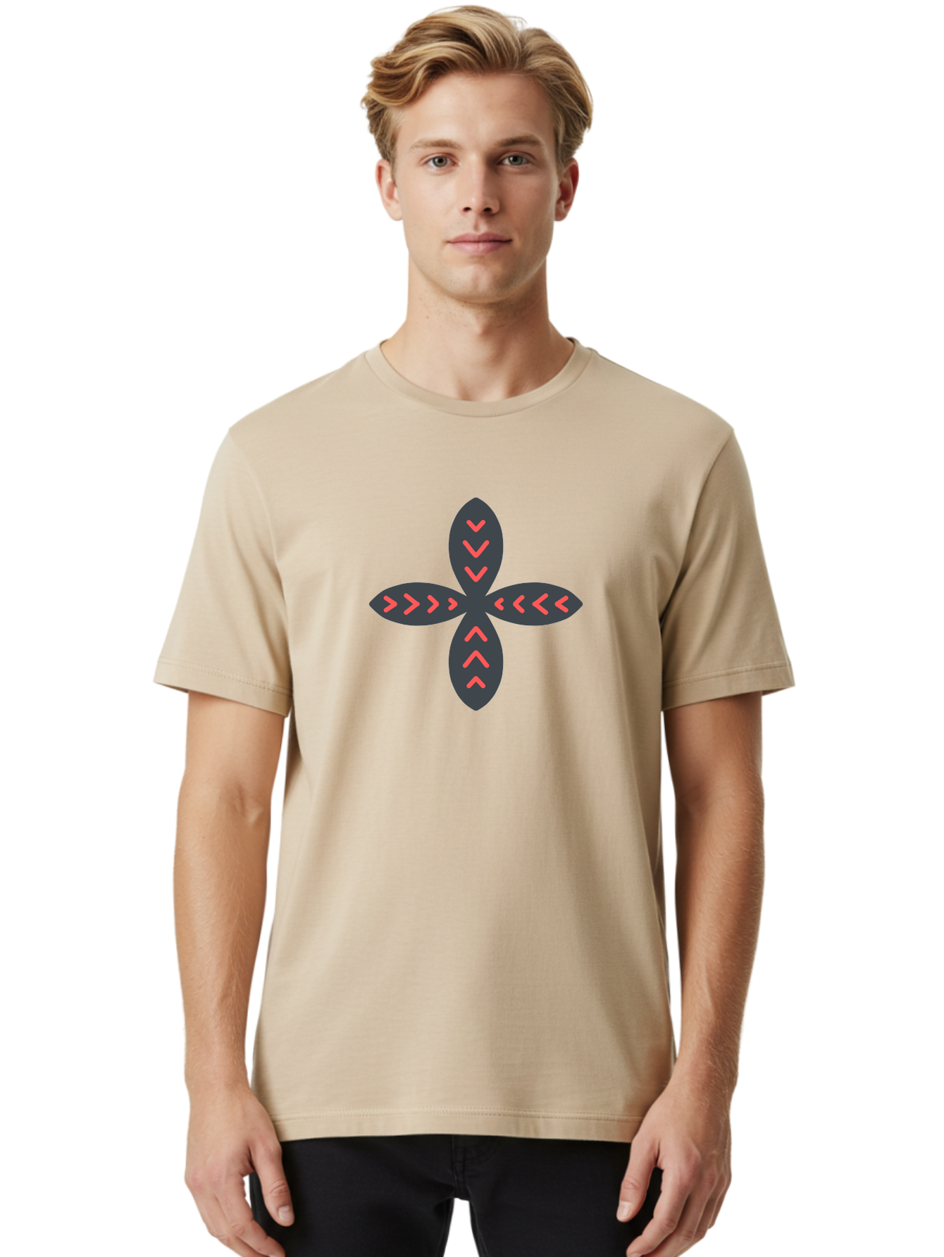 Flower-With-Chevron-Patterns Men'S Graphic Tee, 100% Cotton, Comfortable Casual Summer Wear, Machine Washable, Four Leaf Clover, Red Arrow Motifs, Dark Gray Leaves, Red Chevrons, Symmetrical Design, Abstract Logo, Modern Graphic Design Aab740