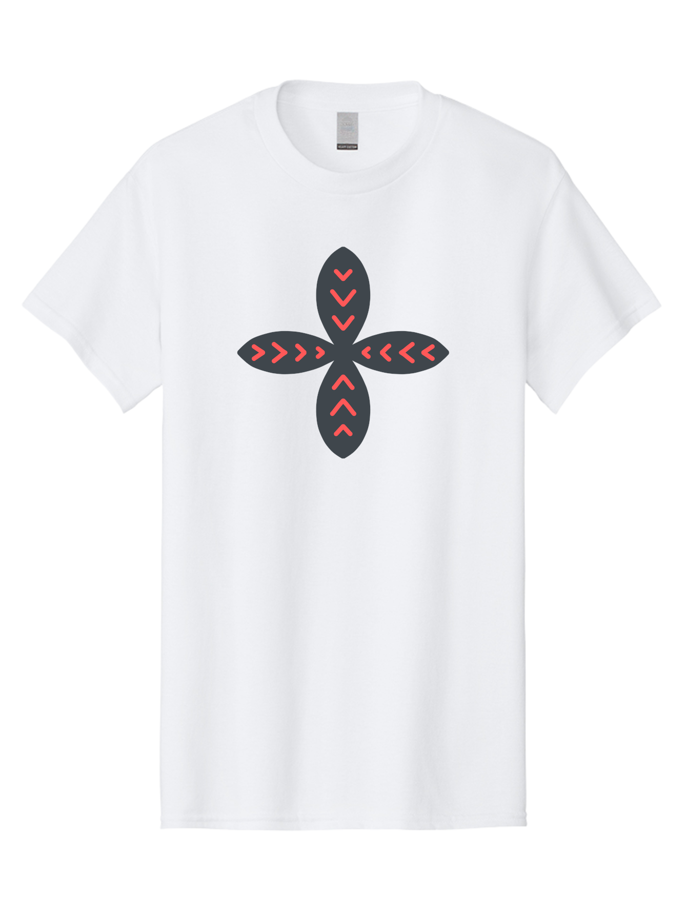 Flower-With-Chevron-Patterns Men'S Graphic Tee, 100% Cotton, Comfortable Casual Summer Wear, Machine Washable, Four Leaf Clover, Red Arrow Motifs, Dark Gray Leaves, Red Chevrons, Symmetrical Design, Abstract Logo, Modern Graphic Design Aab740