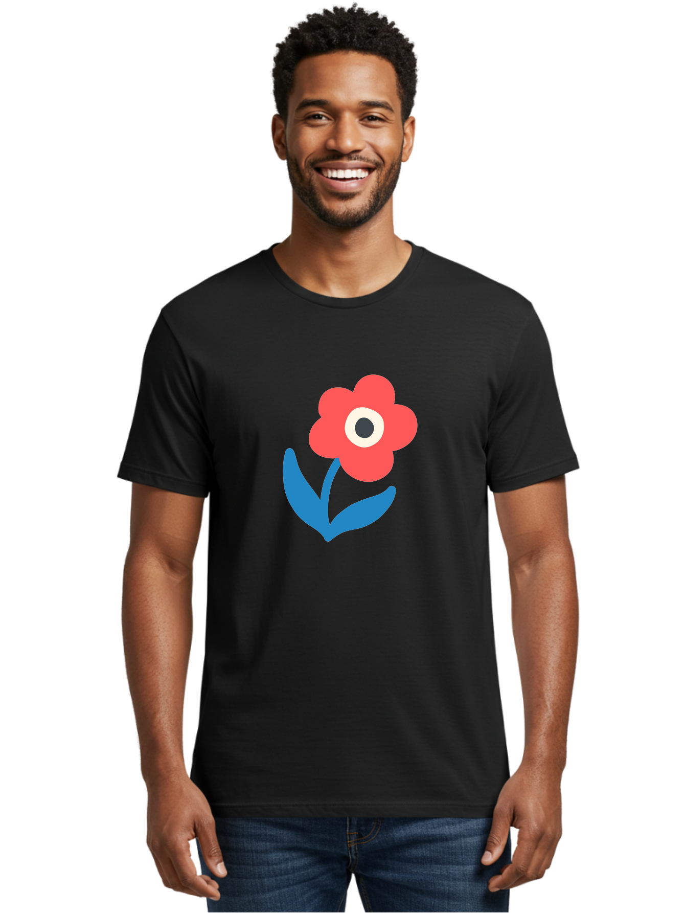 Flower-With-Eye Men'S Graphic Tee, 100% Cotton, Comfortable Casual Summer Wear, Machine Washable, Red Flower, Blue Leaves, White And Black Center, Simple Illustration, Minimalist Design, Childrens Art, Cartoon Flower, Playful Graphics Aab741