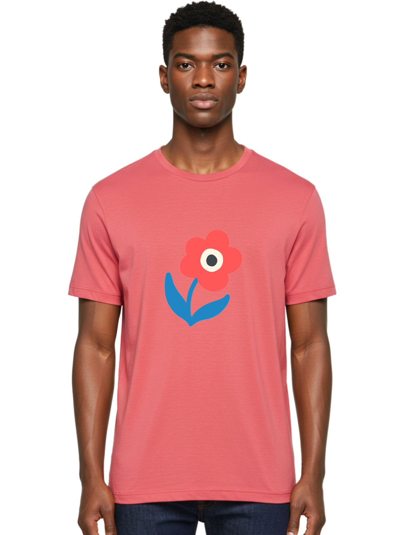 Flower-With-Eye Men'S Graphic Tee, 100% Cotton, Comfortable Casual Summer Wear, Machine Washable, Red Flower, Blue Leaves, White And Black Center, Simple Illustration, Minimalist Design, Childrens Art, Cartoon Flower, Playful Graphics Aab741