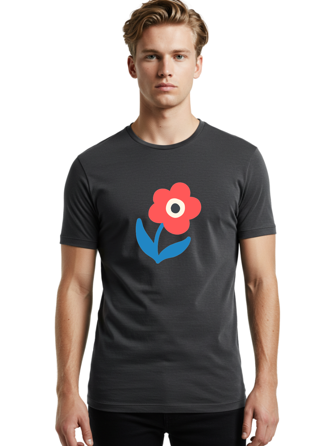 Flower-With-Eye Men'S Graphic Tee, 100% Cotton, Comfortable Casual Summer Wear, Machine Washable, Red Flower, Blue Leaves, White And Black Center, Simple Illustration, Minimalist Design, Childrens Art, Cartoon Flower, Playful Graphics Aab741