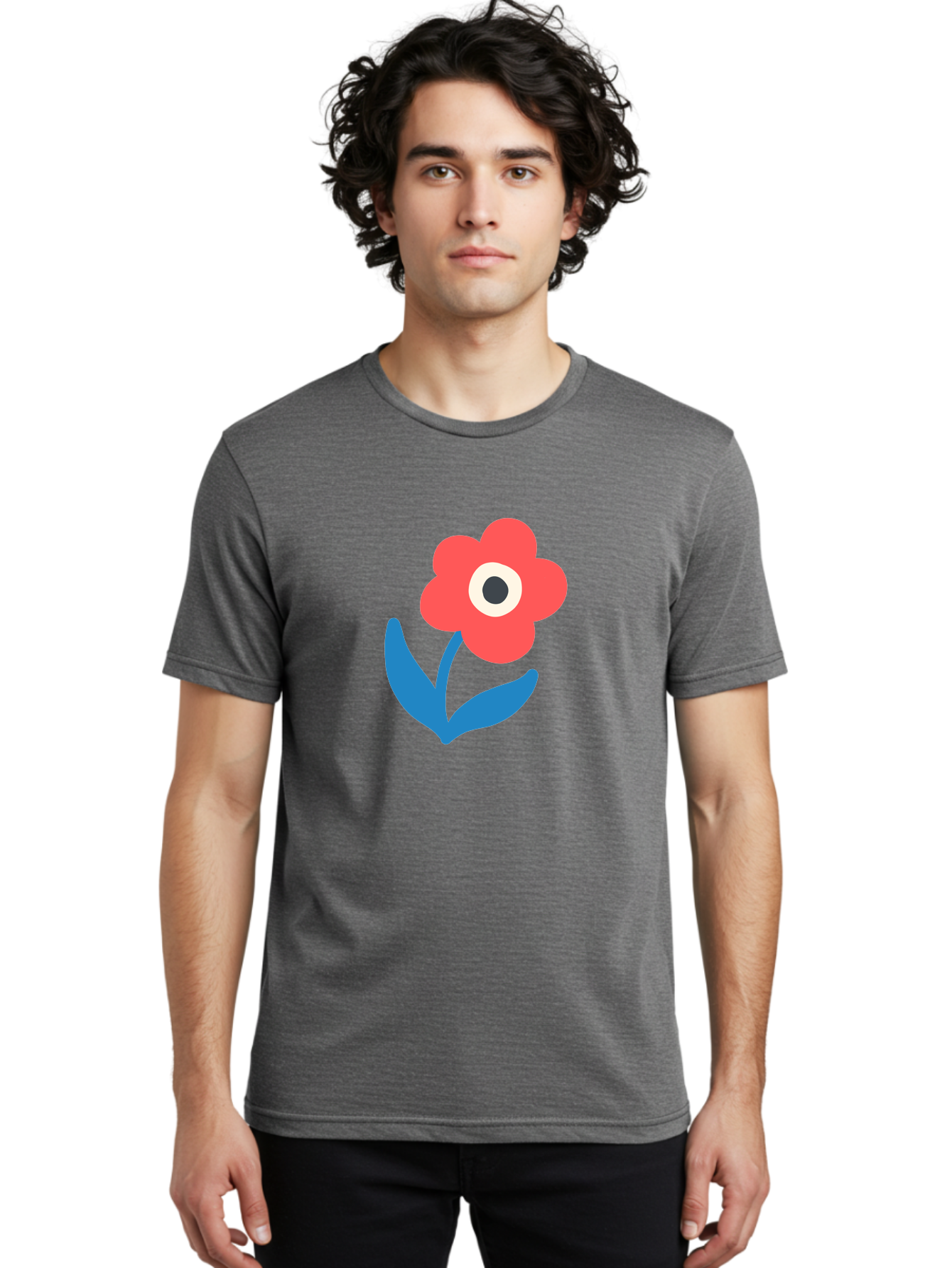 Flower-With-Eye Men'S Graphic Tee, 100% Cotton, Comfortable Casual Summer Wear, Machine Washable, Red Flower, Blue Leaves, White And Black Center, Simple Illustration, Minimalist Design, Childrens Art, Cartoon Flower, Playful Graphics Aab741
