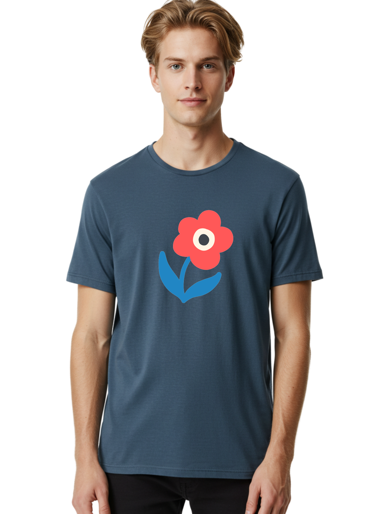 Flower-With-Eye Men'S Graphic Tee, 100% Cotton, Comfortable Casual Summer Wear, Machine Washable, Red Flower, Blue Leaves, White And Black Center, Simple Illustration, Minimalist Design, Childrens Art, Cartoon Flower, Playful Graphics Aab741