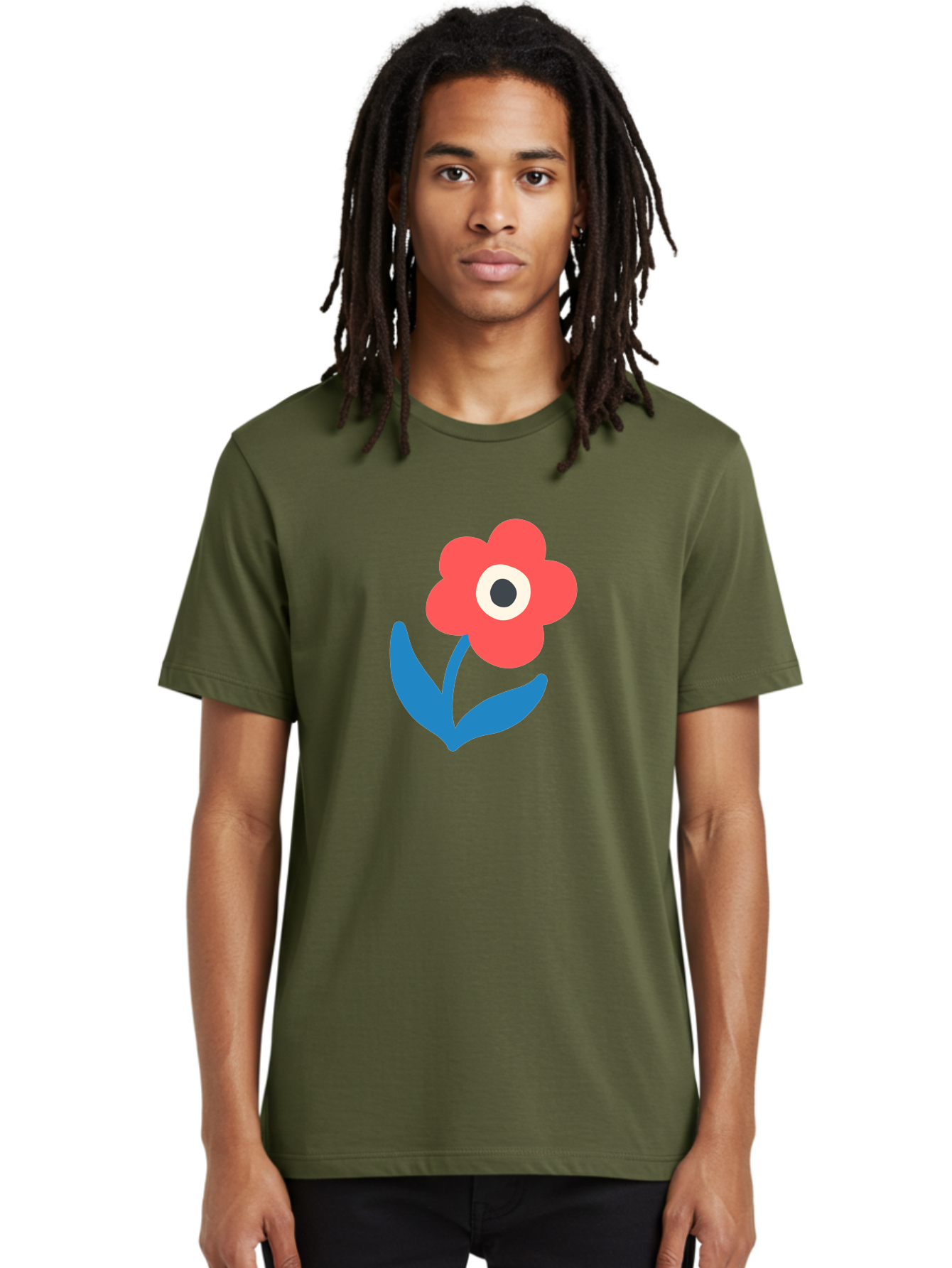 Flower-With-Eye Men'S Graphic Tee, 100% Cotton, Comfortable Casual Summer Wear, Machine Washable, Red Flower, Blue Leaves, White And Black Center, Simple Illustration, Minimalist Design, Childrens Art, Cartoon Flower, Playful Graphics Aab741