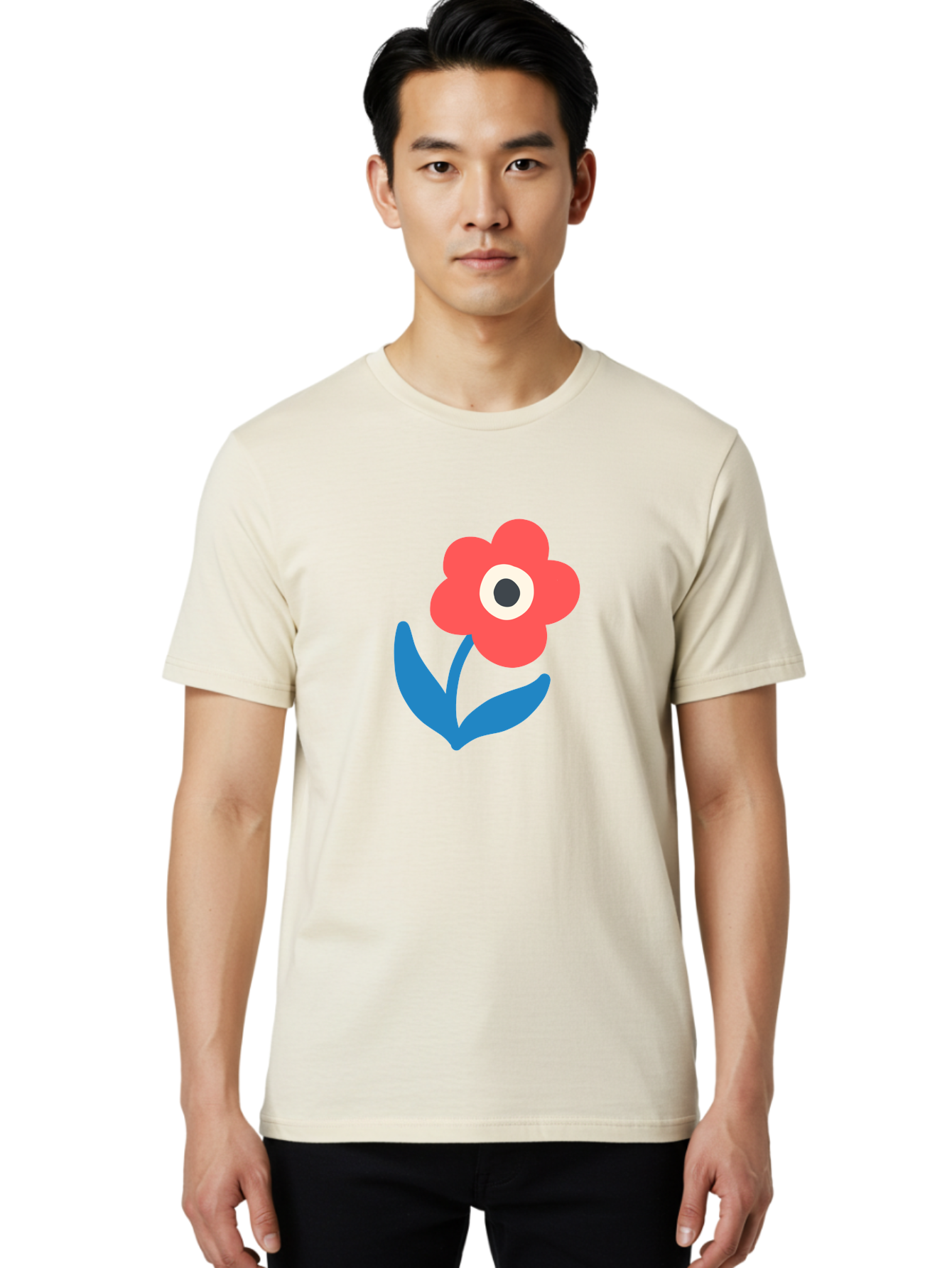 Flower-With-Eye Men'S Graphic Tee, 100% Cotton, Comfortable Casual Summer Wear, Machine Washable, Red Flower, Blue Leaves, White And Black Center, Simple Illustration, Minimalist Design, Childrens Art, Cartoon Flower, Playful Graphics Aab741