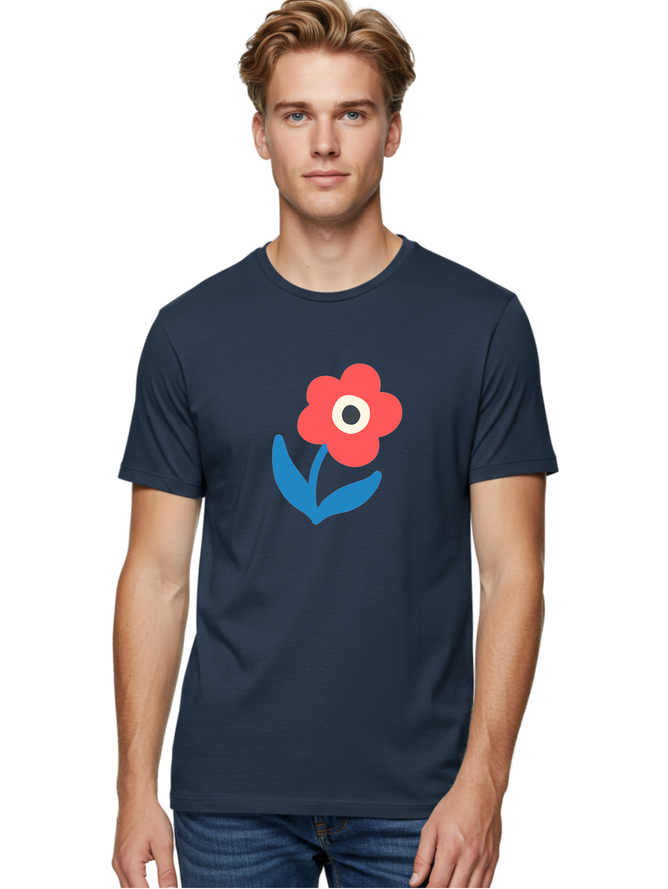 Flower-With-Eye Men'S Graphic Tee, 100% Cotton, Comfortable Casual Summer Wear, Machine Washable, Red Flower, Blue Leaves, White And Black Center, Simple Illustration, Minimalist Design, Childrens Art, Cartoon Flower, Playful Graphics Aab741