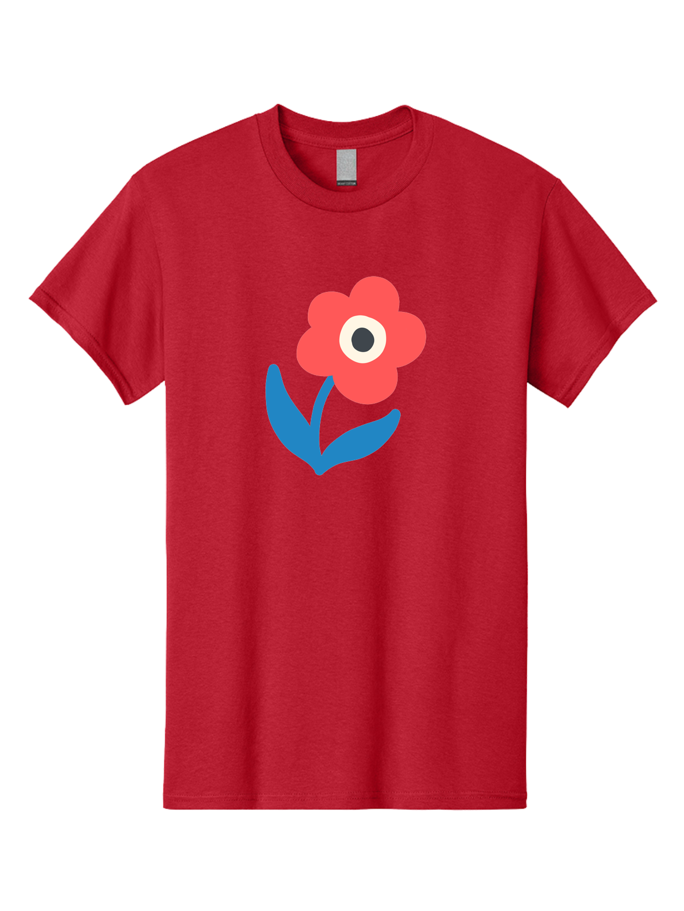 Flower-With-Eye Men'S Graphic Tee, 100% Cotton, Comfortable Casual Summer Wear, Machine Washable, Red Flower, Blue Leaves, White And Black Center, Simple Illustration, Minimalist Design, Childrens Art, Cartoon Flower, Playful Graphics Aab741