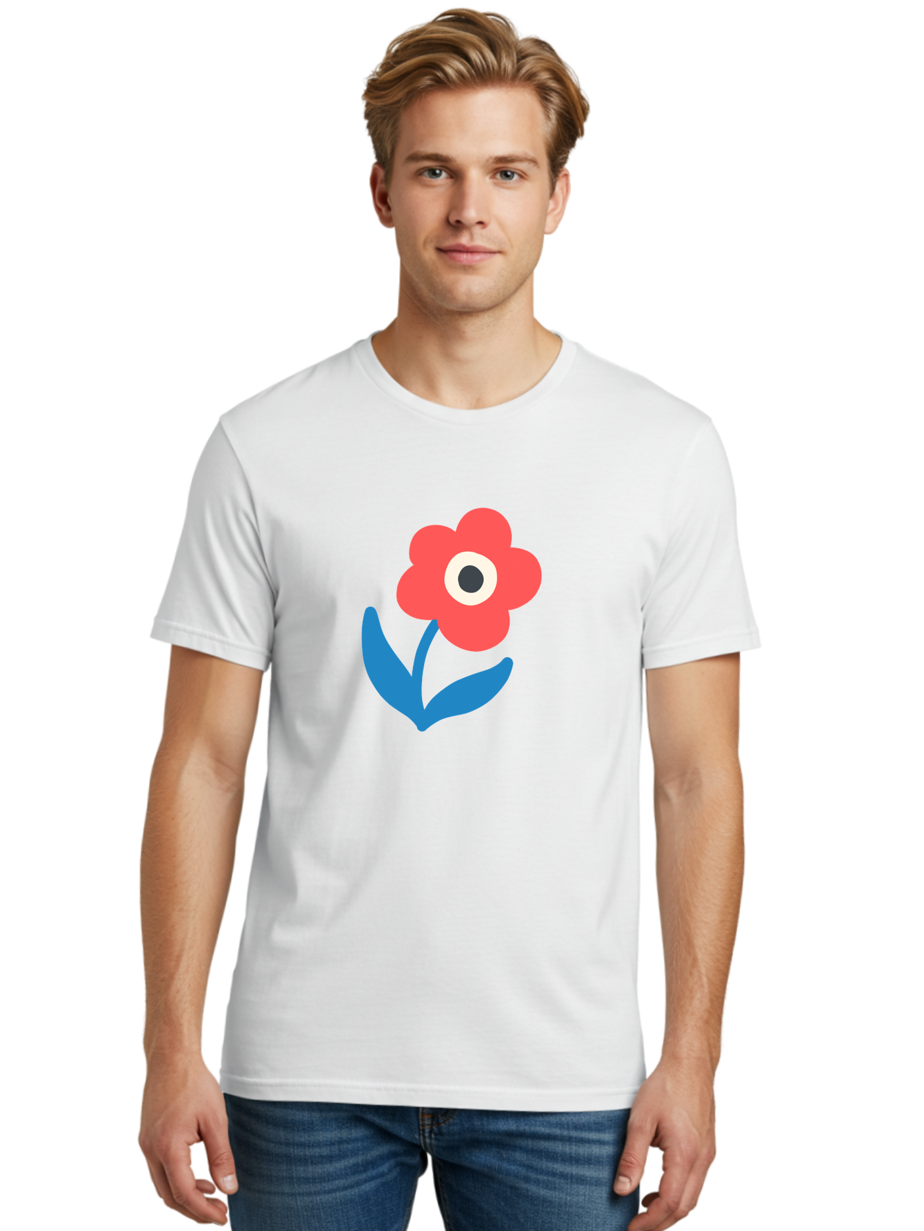 Flower-With-Eye Men'S Graphic Tee, 100% Cotton, Comfortable Casual Summer Wear, Machine Washable, Red Flower, Blue Leaves, White And Black Center, Simple Illustration, Minimalist Design, Childrens Art, Cartoon Flower, Playful Graphics Aab741