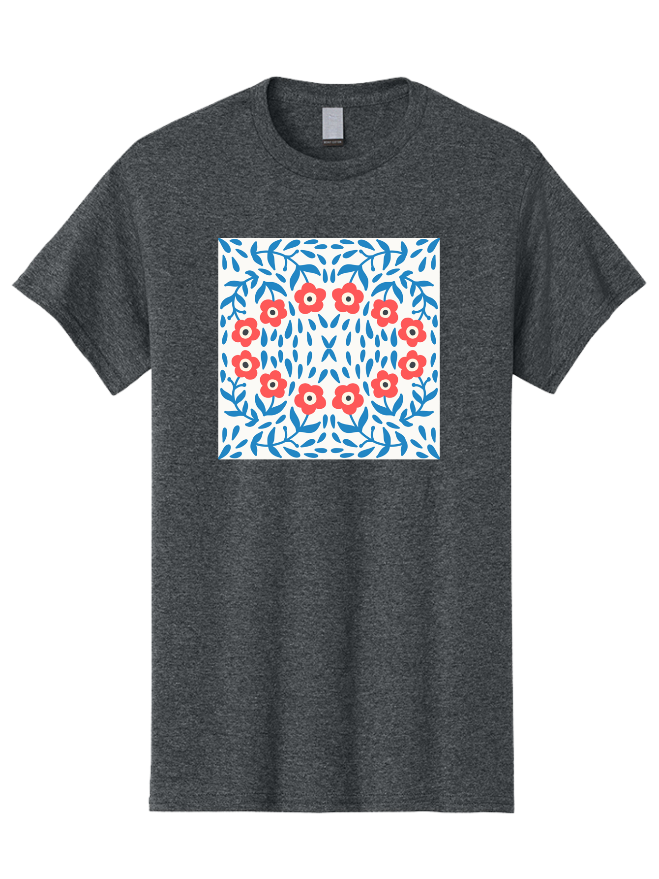 Flowers-Pattern Men'S Graphic Tee, 100% Cotton, Comfortable Casual Summer Wear, Machine Washable, Floral Pattern, Red Flowers, Blue Leaves, White Background, Folk Art, Traditional Design, Floral Arrangement, Vibrant Colors, Aab743