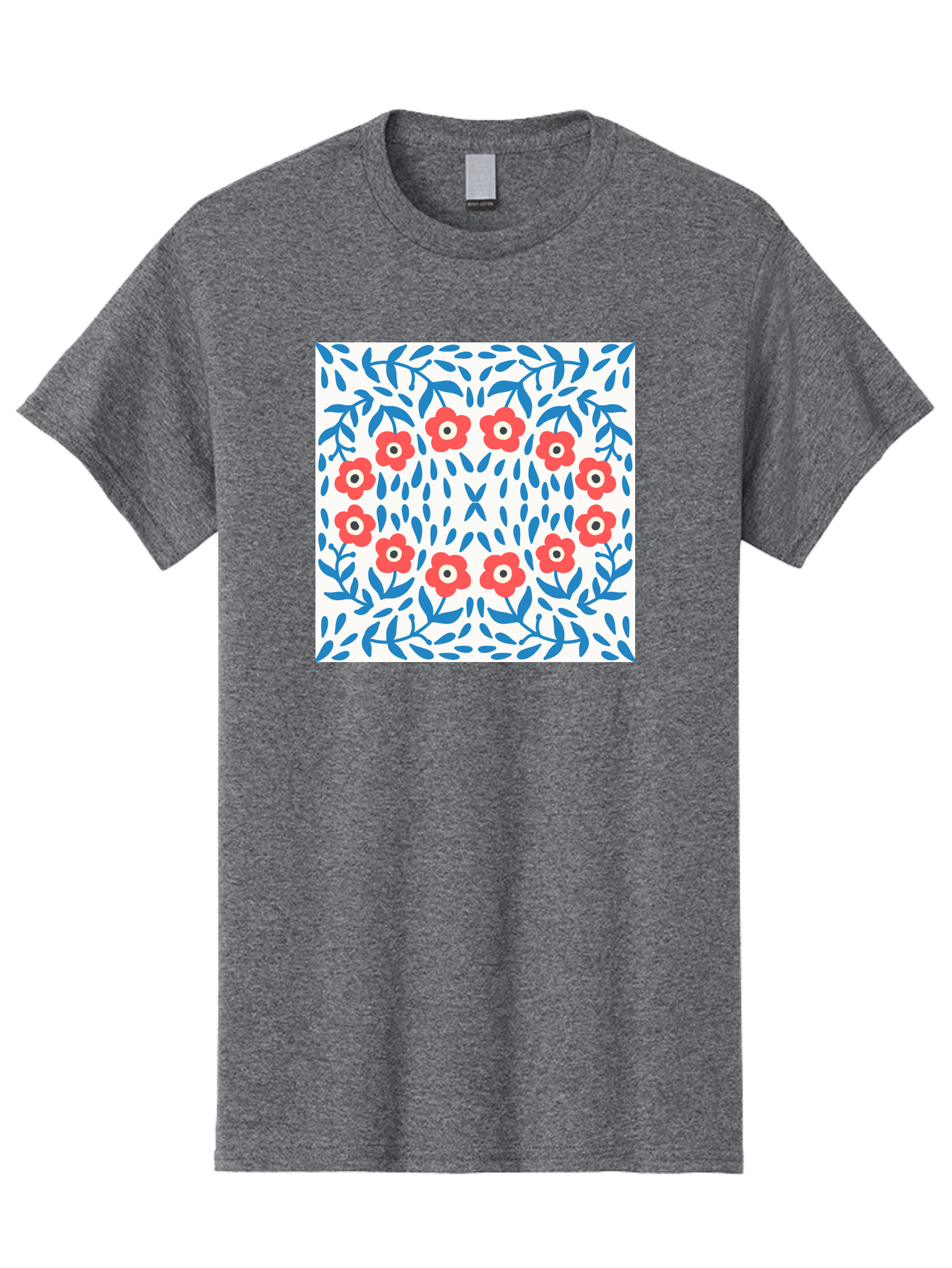 Flowers-Pattern Men'S Graphic Tee, 100% Cotton, Comfortable Casual Summer Wear, Machine Washable, Floral Pattern, Red Flowers, Blue Leaves, White Background, Folk Art, Traditional Design, Floral Arrangement, Vibrant Colors, Aab743