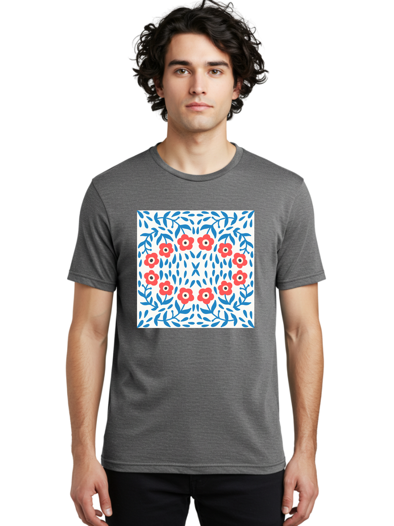 Flowers-Pattern Men'S Graphic Tee, 100% Cotton, Comfortable Casual Summer Wear, Machine Washable, Floral Pattern, Red Flowers, Blue Leaves, White Background, Folk Art, Traditional Design, Floral Arrangement, Vibrant Colors, Aab743