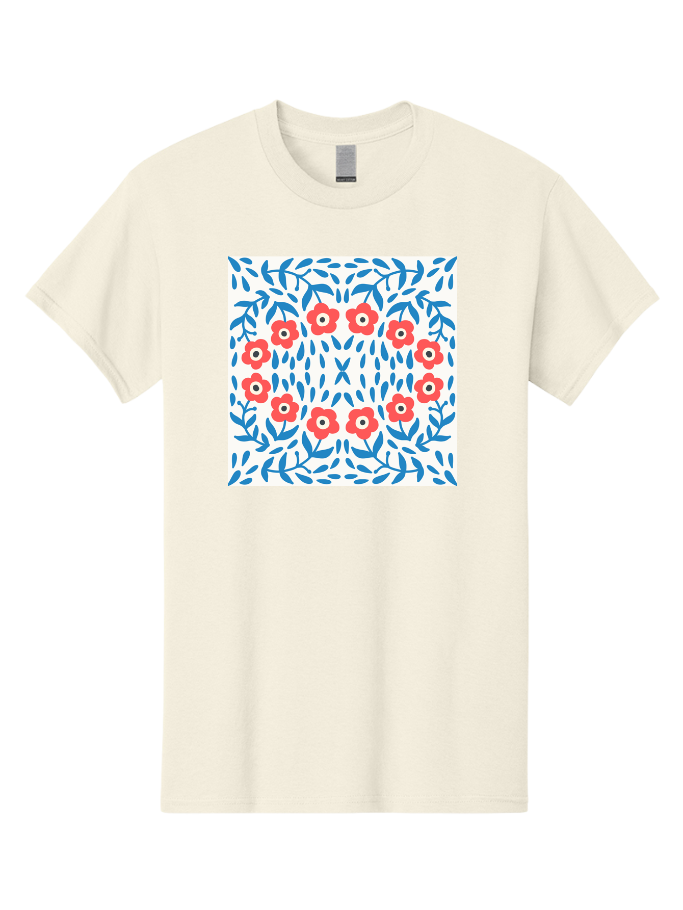 Flowers-Pattern Men'S Graphic Tee, 100% Cotton, Comfortable Casual Summer Wear, Machine Washable, Floral Pattern, Red Flowers, Blue Leaves, White Background, Folk Art, Traditional Design, Floral Arrangement, Vibrant Colors, Aab743