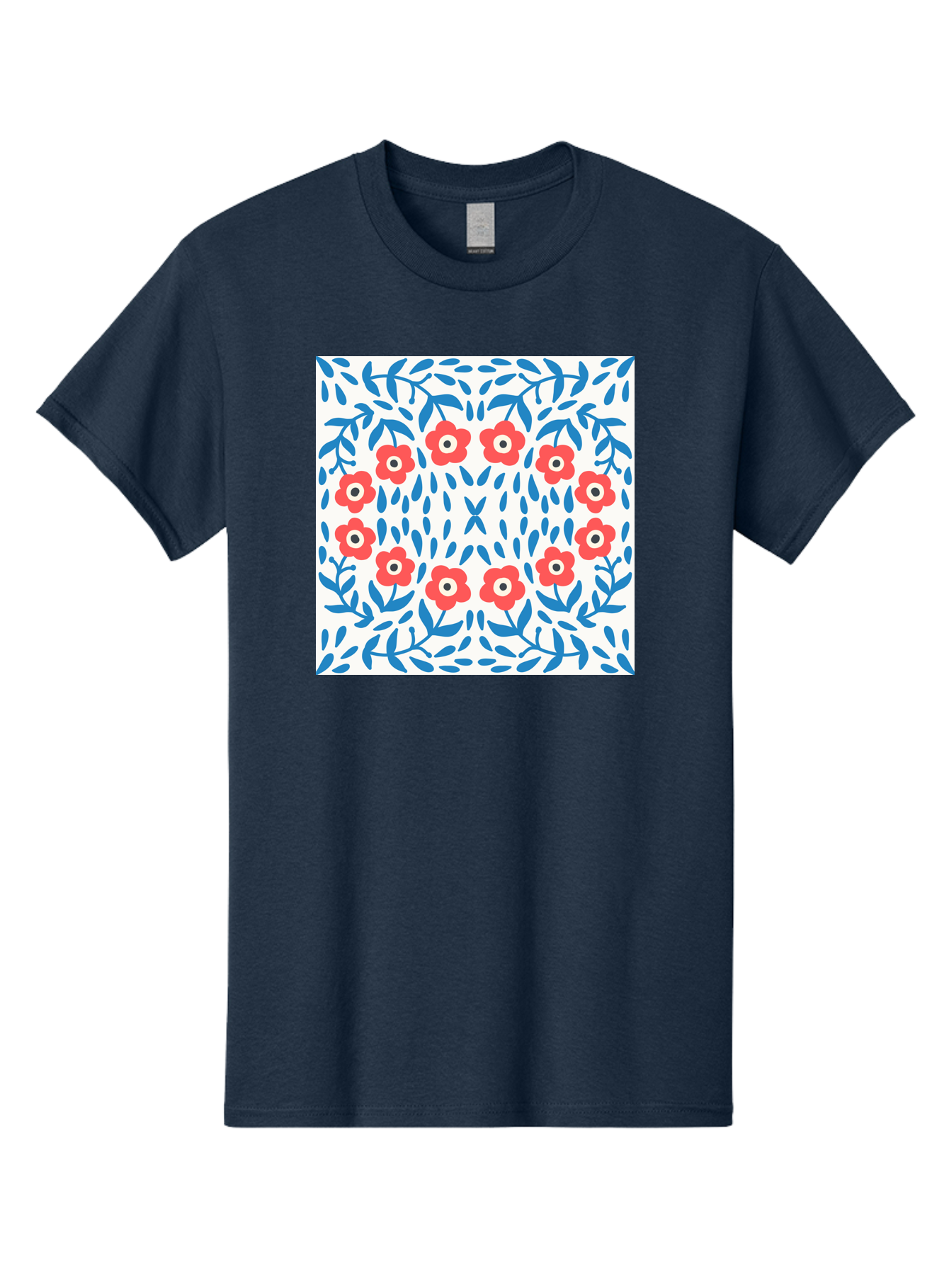 Flowers-Pattern Men'S Graphic Tee, 100% Cotton, Comfortable Casual Summer Wear, Machine Washable, Floral Pattern, Red Flowers, Blue Leaves, White Background, Folk Art, Traditional Design, Floral Arrangement, Vibrant Colors, Aab743