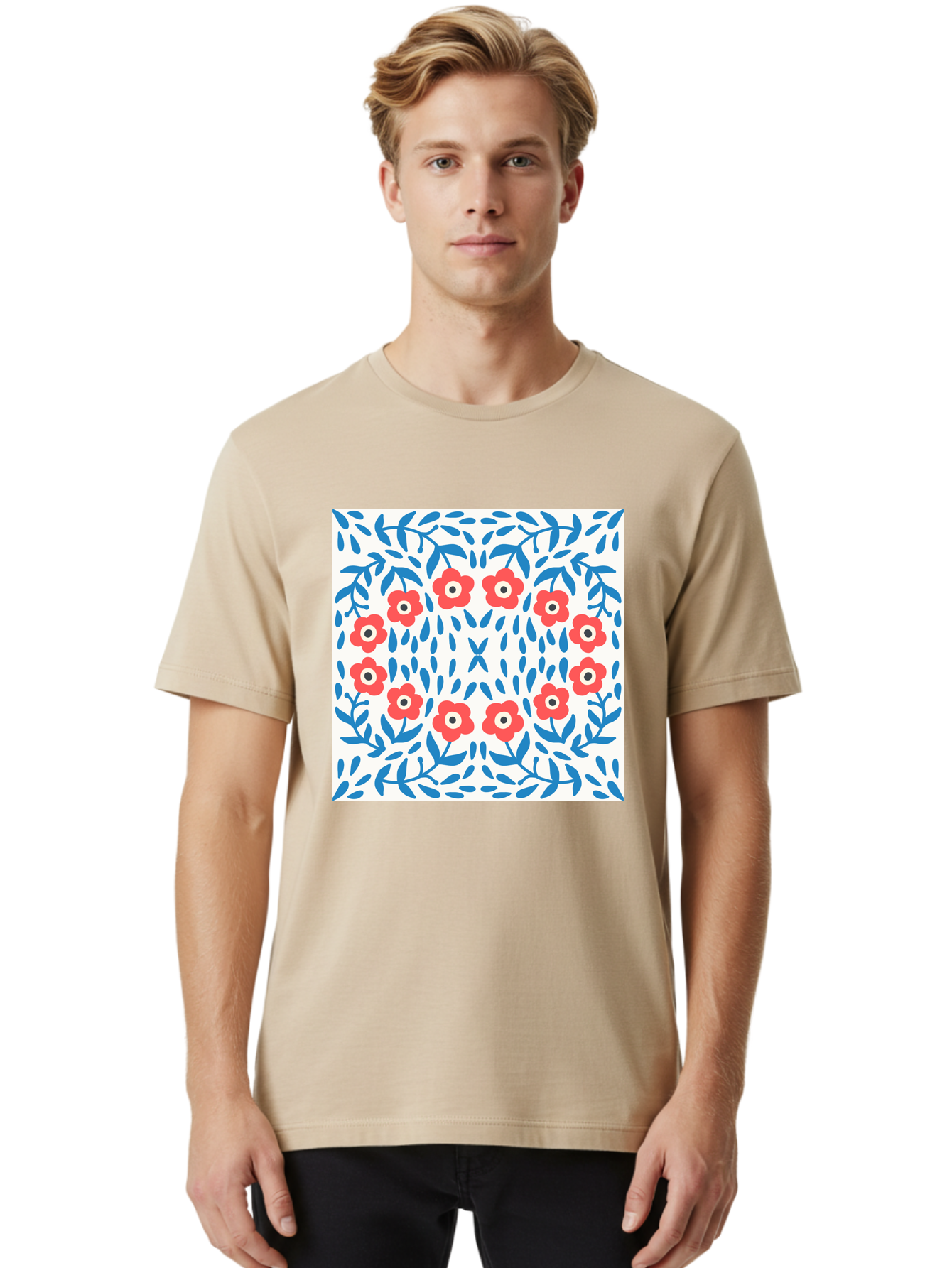 Flowers-Pattern Men'S Graphic Tee, 100% Cotton, Comfortable Casual Summer Wear, Machine Washable, Floral Pattern, Red Flowers, Blue Leaves, White Background, Folk Art, Traditional Design, Floral Arrangement, Vibrant Colors, Aab743