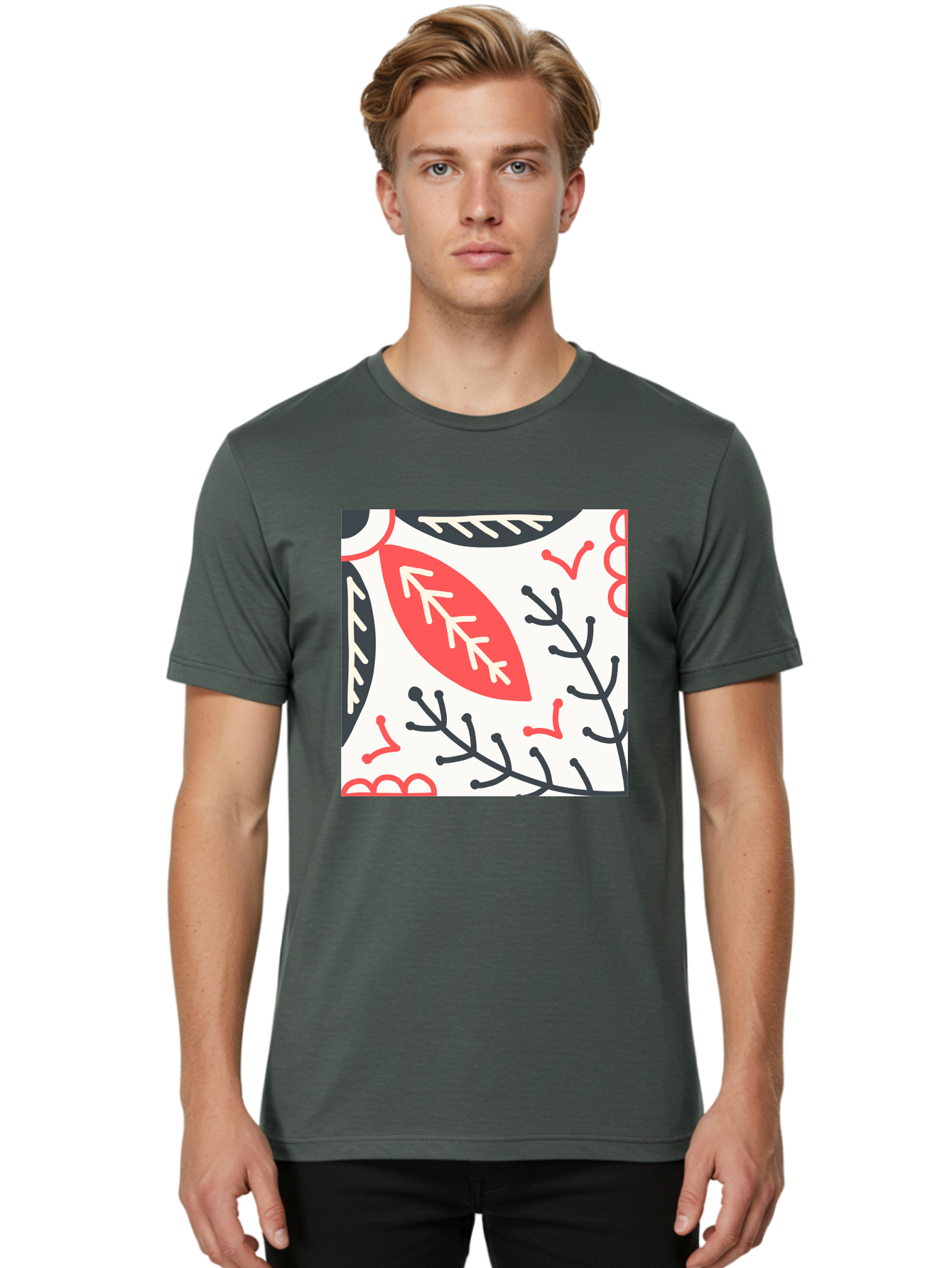 Foliage-Pattern Men'S Graphic Tee, 100% Cotton, Comfortable Casual Summer Wear, Machine Washable, Leaf Pattern, Floral Design, Botanical Art, Red And Black Leaves, Minimalist Style, Abstract Foliage, Decorative Elements, Modern Illustration Aab744