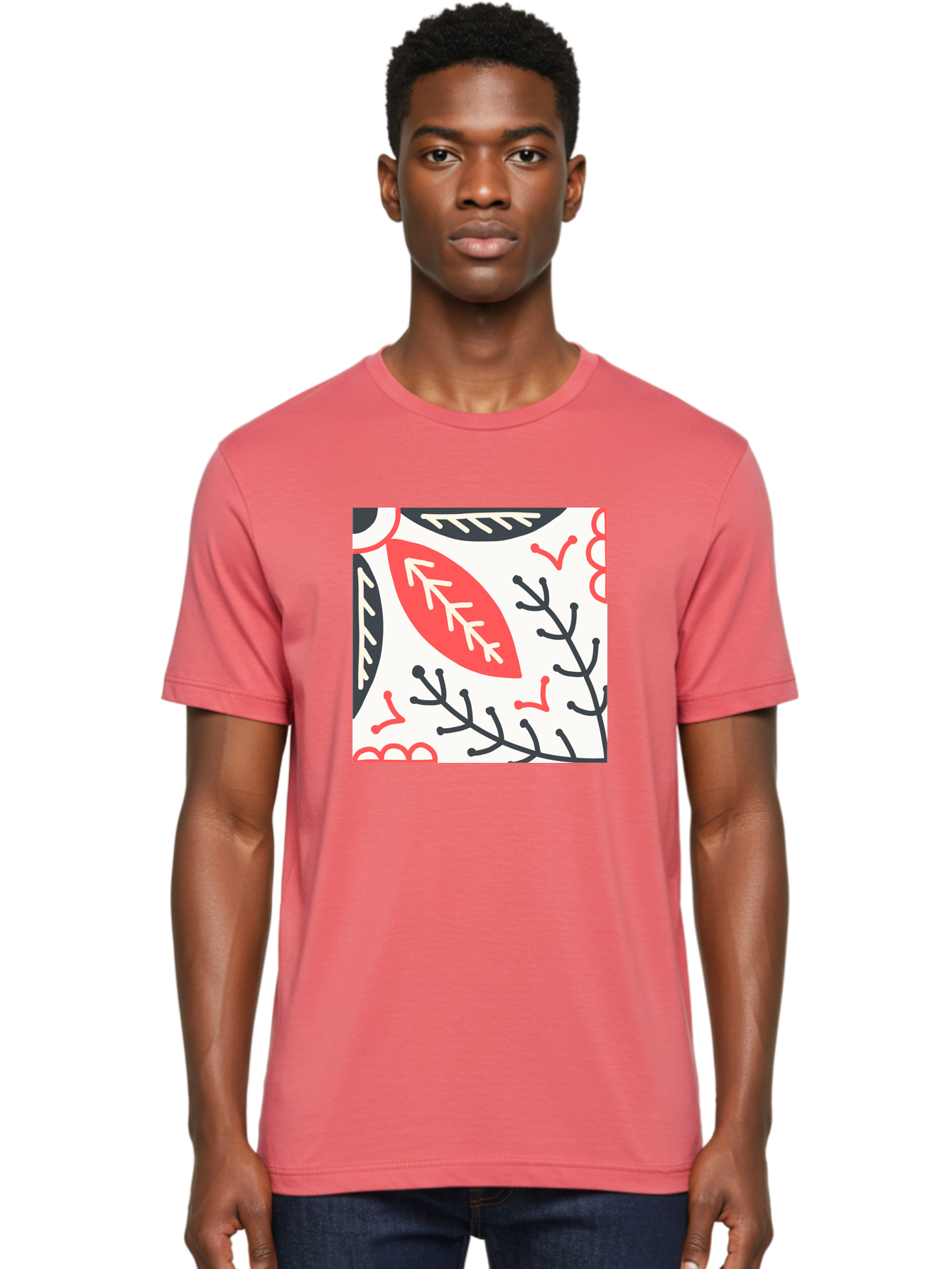 Foliage-Pattern Men'S Graphic Tee, 100% Cotton, Comfortable Casual Summer Wear, Machine Washable, Leaf Pattern, Floral Design, Botanical Art, Red And Black Leaves, Minimalist Style, Abstract Foliage, Decorative Elements, Modern Illustration Aab744