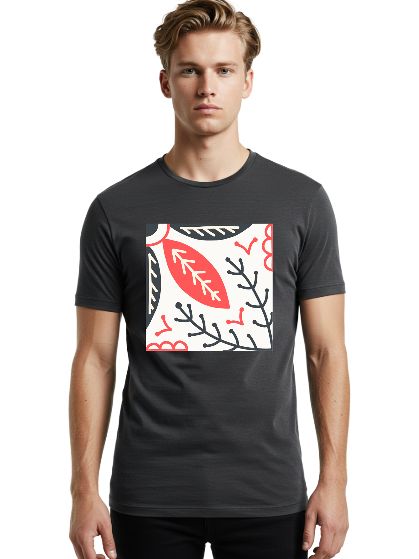 Foliage-Pattern Men'S Graphic Tee, 100% Cotton, Comfortable Casual Summer Wear, Machine Washable, Leaf Pattern, Floral Design, Botanical Art, Red And Black Leaves, Minimalist Style, Abstract Foliage, Decorative Elements, Modern Illustration Aab744