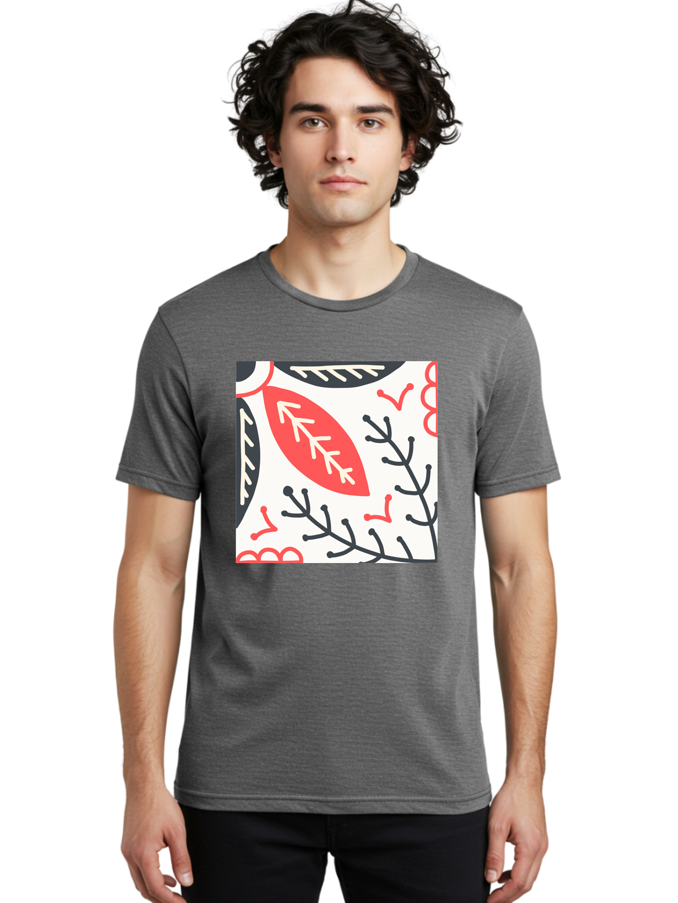 Foliage-Pattern Men'S Graphic Tee, 100% Cotton, Comfortable Casual Summer Wear, Machine Washable, Leaf Pattern, Floral Design, Botanical Art, Red And Black Leaves, Minimalist Style, Abstract Foliage, Decorative Elements, Modern Illustration Aab744