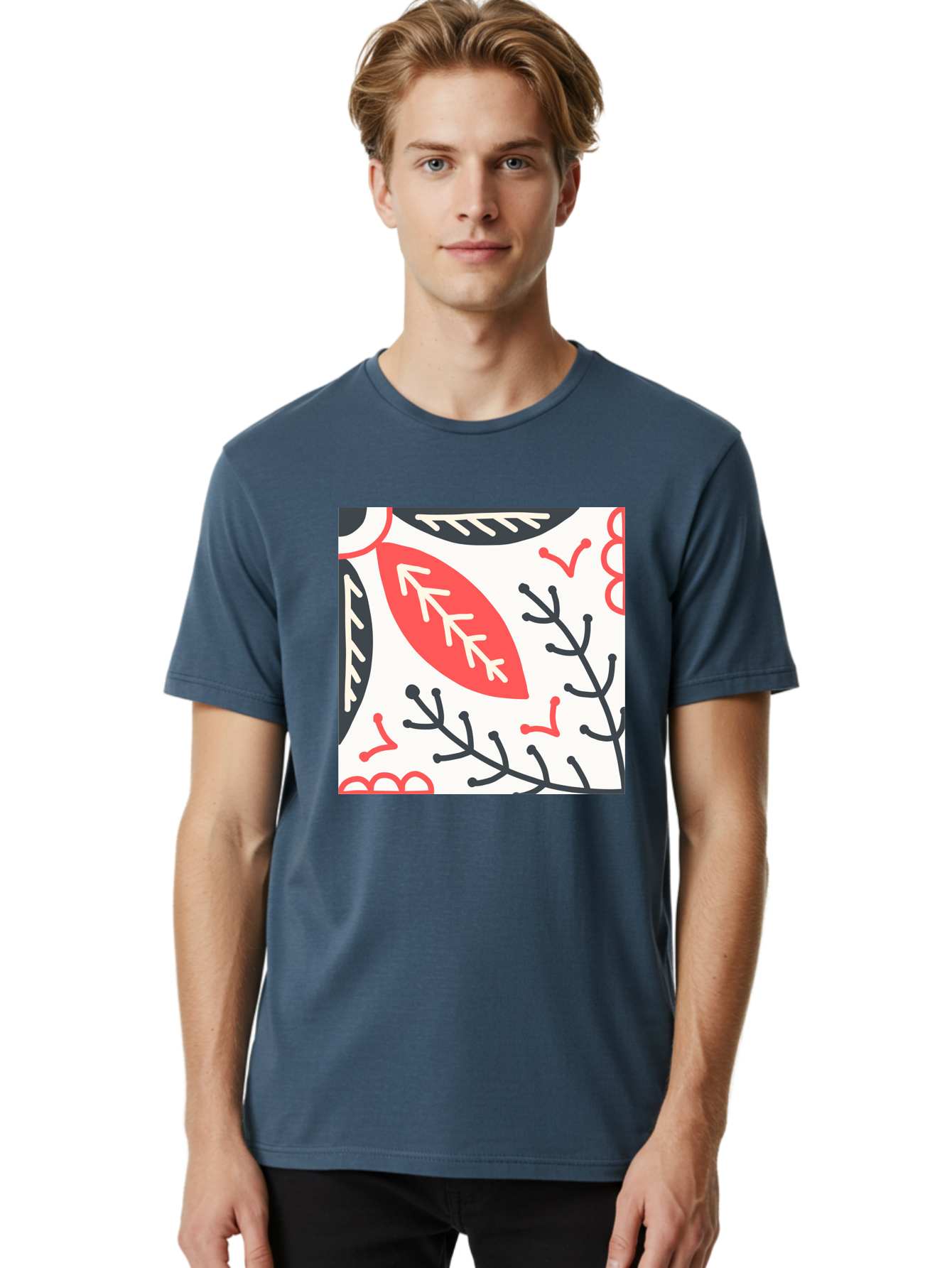 Foliage-Pattern Men'S Graphic Tee, 100% Cotton, Comfortable Casual Summer Wear, Machine Washable, Leaf Pattern, Floral Design, Botanical Art, Red And Black Leaves, Minimalist Style, Abstract Foliage, Decorative Elements, Modern Illustration Aab744