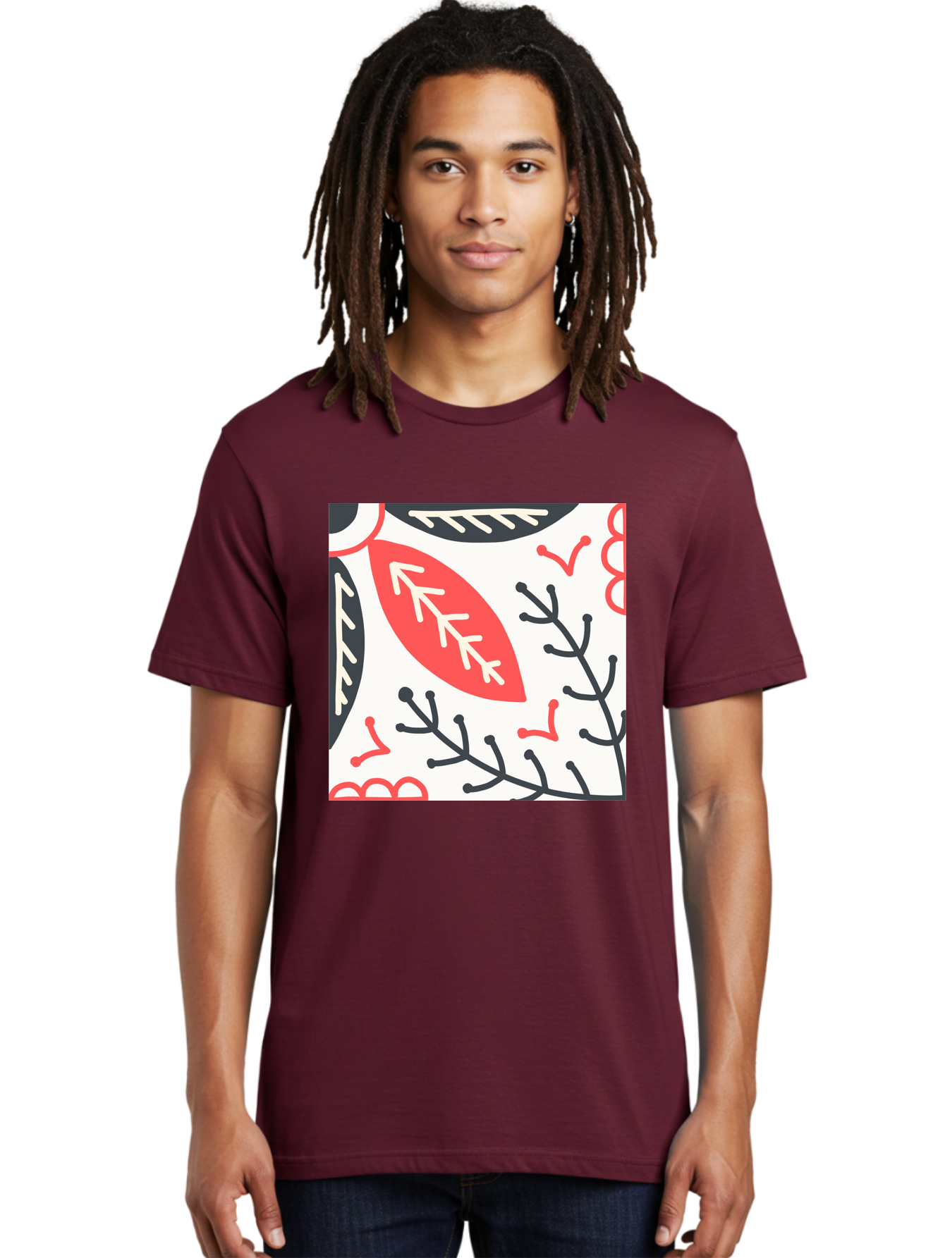 Foliage-Pattern Men'S Graphic Tee, 100% Cotton, Comfortable Casual Summer Wear, Machine Washable, Leaf Pattern, Floral Design, Botanical Art, Red And Black Leaves, Minimalist Style, Abstract Foliage, Decorative Elements, Modern Illustration Aab744