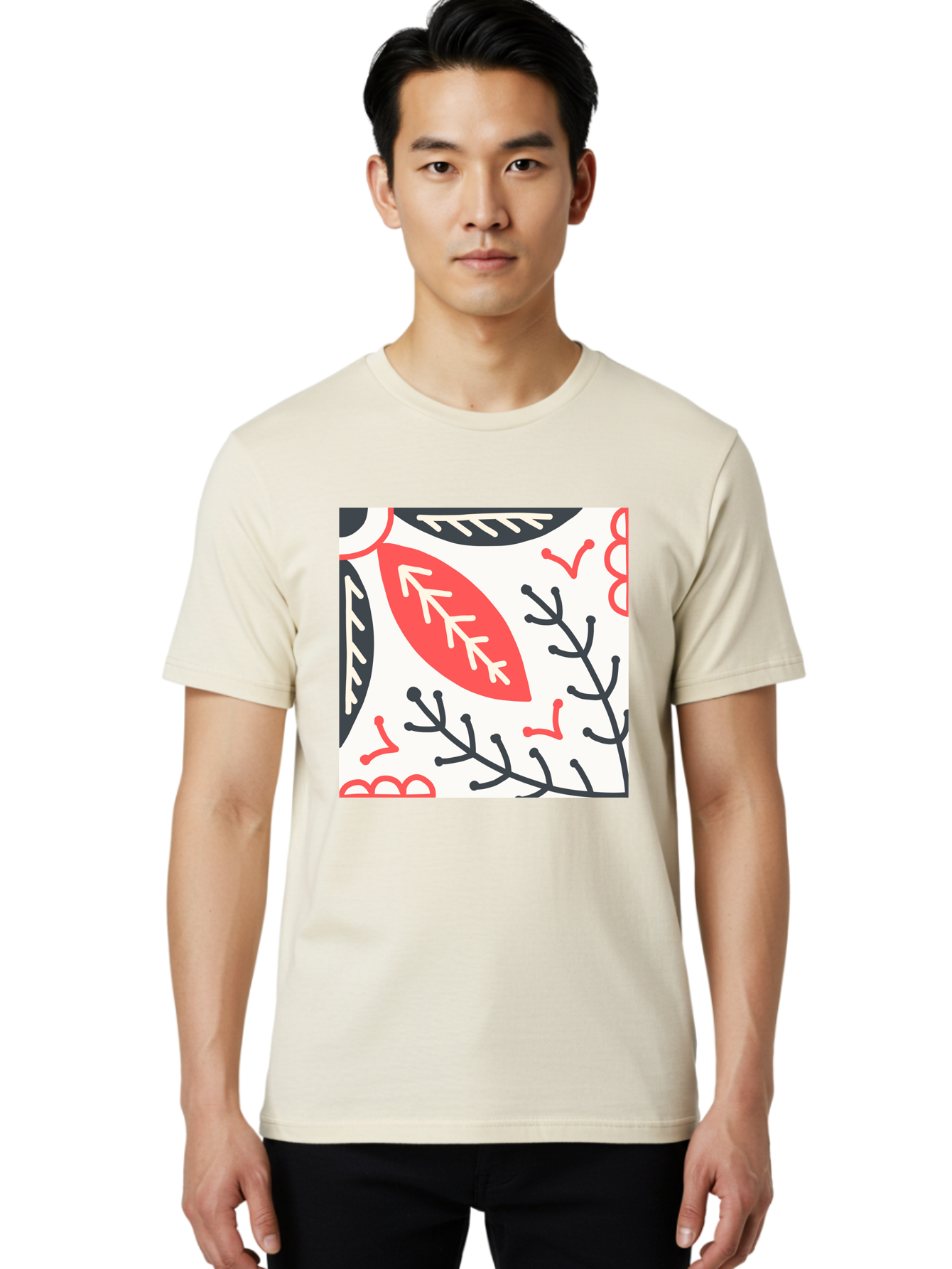 Foliage-Pattern Men'S Graphic Tee, 100% Cotton, Comfortable Casual Summer Wear, Machine Washable, Leaf Pattern, Floral Design, Botanical Art, Red And Black Leaves, Minimalist Style, Abstract Foliage, Decorative Elements, Modern Illustration Aab744